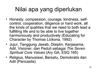 Nilai apa yang diperlukan Honesty, compassion, courage, kindness, self-control, cooperation, diligence or hard work, all the kinds of qualities that we need to both lead a fulfilling life and to be able to live together harmoniously and productively (Educating for Character by Thomas Lickona, 1992) Jujur, Tanggung Jawab, Disiplin, Kerjasama, Adil, Visioner, dan Peduli sebagai  The Seven Spiritual Core Values  (Ary GA, ESQ 165) Religius, Manusiawi, Bersatu, Demokratis dan Adil (Pancasila) 