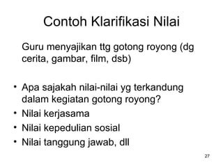 Contoh Klarifikasi Nilai Guru menyajikan ttg gotong royong (dg cerita, gambar, film, dsb) Apa sajakah nilai-nilai yg terkandung dalam kegiatan gotong royong? Nilai kerjasama Nilai kepedulian sosial Nilai tanggung jawab, dll 