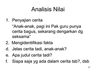 Analisis Nilai Penyajian cerita “ Anak-anak, pagi ini Pak guru punya cerita bagus, sekarang dengarkan dg seksama” 2.  Mengidentifikasi fakta Jelas cerita tadi, anak-anak? Apa judul cerita tadi? Siapa saja yg ada dalam cerita tsb?, dsb 