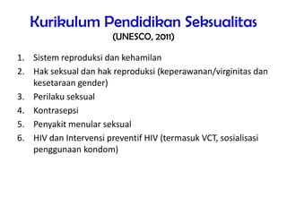 Kurikulum Pendidikan Seksualitas
(UNESCO, 2011)
1. Sistem reproduksi dan kehamilan
2. Hak seksual dan hak reproduksi (keperawanan/virginitas dan
kesetaraan gender)
3. Perilaku seksual
4. Kontrasepsi
5. Penyakit menular seksual
6. HIV dan Intervensi preventif HIV (termasuk VCT, sosialisasi
penggunaan kondom)
 