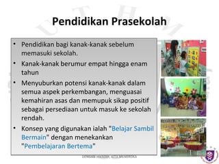 Pendidikan Prasekolah
• Pendidikan bagi kanak-kanak sebelum
memasuki sekolah.
• Kanak-kanak berumur empat hingga enam
tahun
• Menyuburkan potensi kanak-kanak dalam
semua aspek perkembangan, menguasai
kemahiran asas dan memupuk sikap positif
sebagai persediaan untuk masuk ke sekolah
rendah.
• Konsep yang digunakan ialah "Belajar Sambil
Bermain" dengan menekankan
"Pembelajaran Bertema"
DENGAN HIKMAH, KITA MENEROKA

 