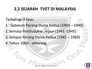 2.2 SEJARAH TVET DI MALAYSIA
Terbahagi 4 fasa:
1. Sebelum Perang Dunia Kedua (1900 – 1940)
2.Semasa Pendudukan Jepun (1941 -1945)
3.Selepas Perang Dunia Kedua (1945 – 1960)
4.Tahun 1960 - sekarang

DENGAN HIKMAH, KITA MENEROKA

 