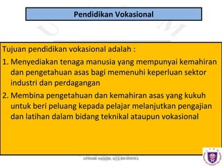 Pendidikan Vokasional

Tujuan pendidikan vokasional adalah :
1. Menyediakan tenaga manusia yang mempunyai kemahiran
dan pengetahuan asas bagi memenuhi keperluan sektor
industri dan perdagangan
2. Membina pengetahuan dan kemahiran asas yang kukuh
untuk beri peluang kepada pelajar melanjutkan pengajian
dan latihan dalam bidang teknikal ataupun vokasional

DENGAN HIKMAH, KITA MENEROKA

 