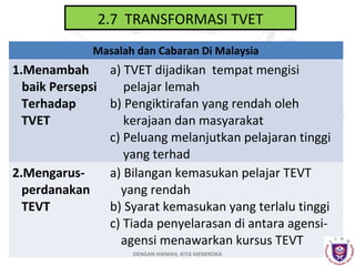2.7 TRANSFORMASI TVET
Masalah dan Cabaran Di Malaysia

1.Menambah
a) TVET dijadikan tempat mengisi
baik Persepsi
pelajar lemah
Terhadap
b) Pengiktirafan yang rendah oleh
TVET
kerajaan dan masyarakat
c) Peluang melanjutkan pelajaran tinggi
yang terhad
2.Mengarusa) Bilangan kemasukan pelajar TEVT
perdanakan
yang rendah
TEVT
b) Syarat kemasukan yang terlalu tinggi
c) Tiada penyelarasan di antara agensiagensi menawarkan kursus TEVT
DENGAN HIKMAH, KITA MENEROKA

 