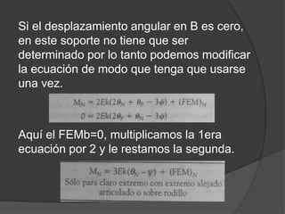 Si el desplazamiento angular en B es cero,
en este soporte no tiene que ser
determinado por lo tanto podemos modificar
la ecuación de modo que tenga que usarse
una vez.
Aquí el FEMb=0, multiplicamos la 1era
ecuación por 2 y le restamos la segunda.
 