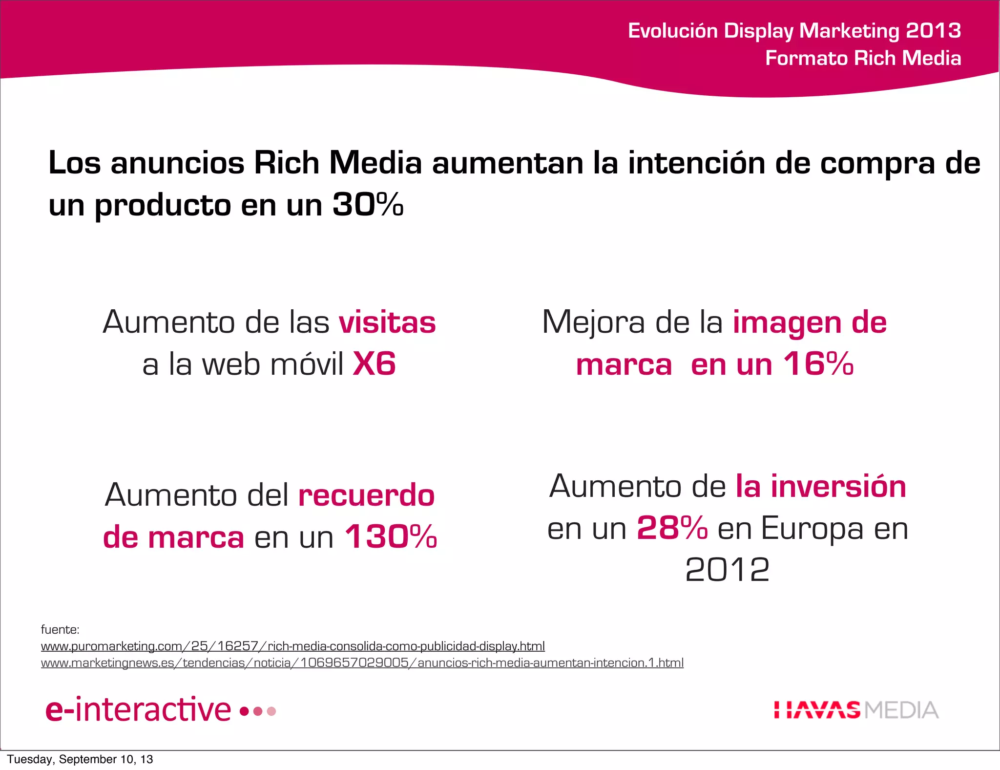 k

Evolución Display Marketing 2013
Formato Rich Media

Los anuncios Rich Media aumentan la intención de compra de
un producto en un 30%
Aumento de las visitas
a la web móvil X6

Mejora de la imagen de
marca en un 16%

Aumento del recuerdo
de marca en un 130%

Aumento de la inversión
en un 28% en Europa en
2012

fuente:
www.puromarketing.com/25/16257/rich-media-consolida-como-publicidad-display.html
www.marketingnews.es/tendencias/noticia/1069657029005/anuncios-rich-media-aumentan-intencion.1.html

Tuesday, September 10, 13

 