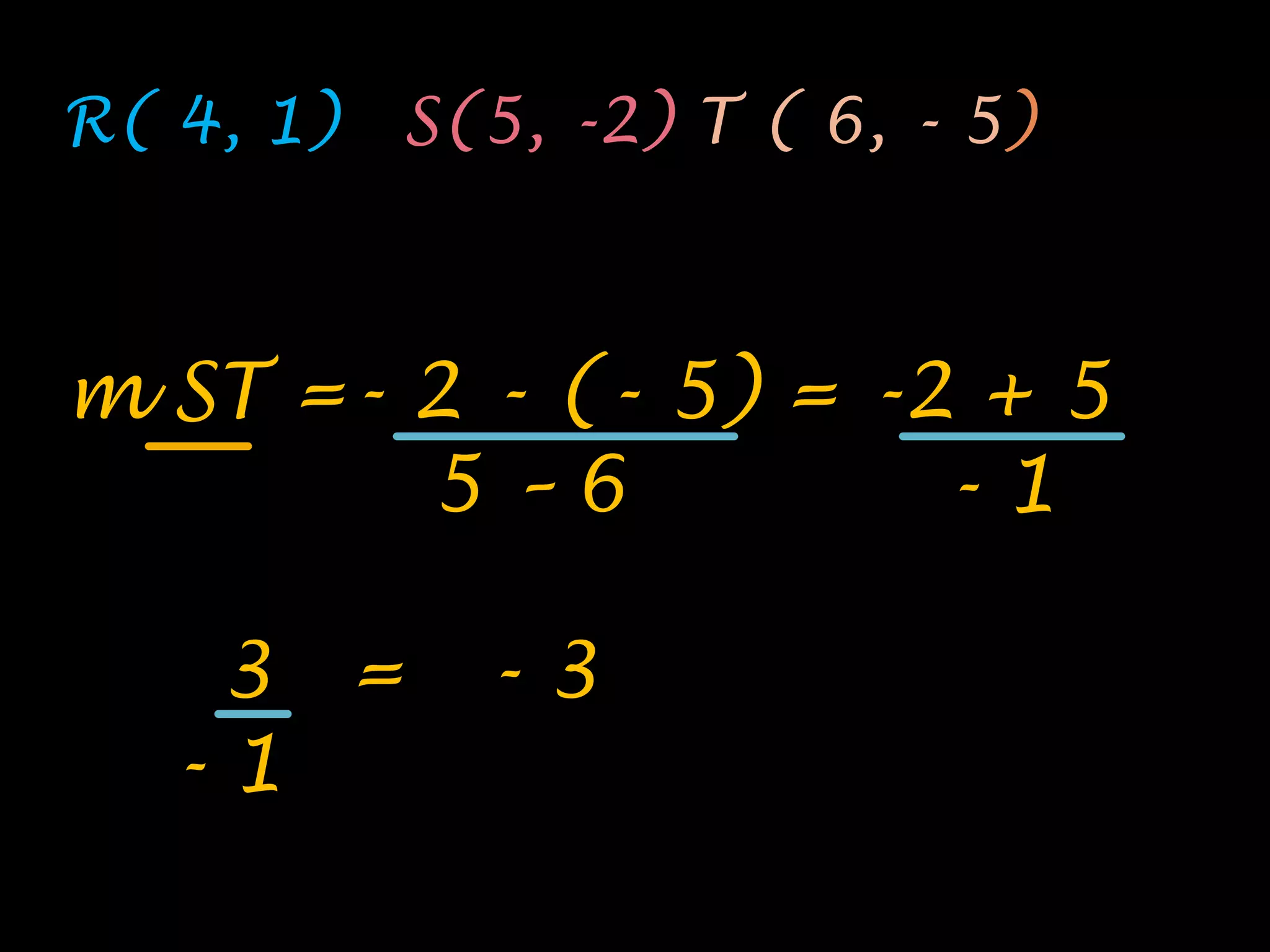 R( 4, 1)   S(5, -2) T ( 6, - 5)



m ST =- 2 - (- 5) = -2 + 5
        5–6           -1

    3 =      -3
   -1
 