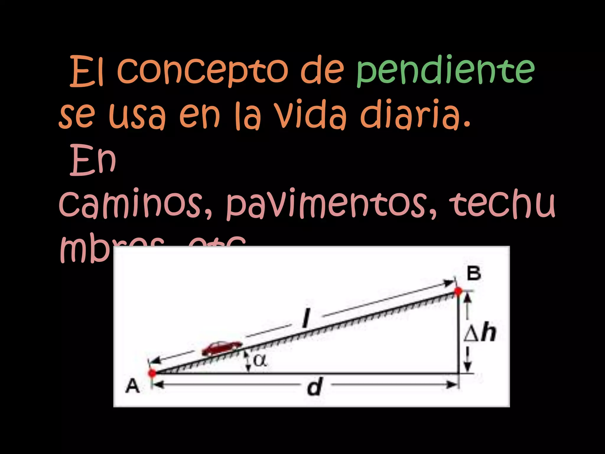 El concepto de pendiente
se usa en la vida diaria.
 En
caminos, pavimentos, techu
mbres, etc…
 