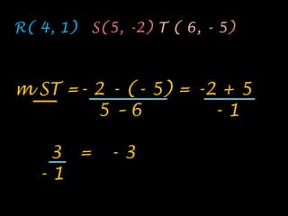R( 4, 1)   S(5, -2) T ( 6, - 5)



m ST =- 2 - (- 5) = -2 + 5
        5–6           -1

    3 =      -3
   -1
 