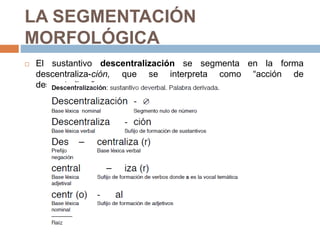 LA SEGMENTACIÓN
MORFOLÓGICA
 El sustantivo descentralización se segmenta en la forma
descentraliza-ción, que se interpreta como “acción de
descentralizar”
 