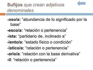 Sufijos que crean adjetivos
denominales
-oso/a: “abundancia de lo significado por la
base”
-esco/a: “relación o pertenencia”
-ista: “partidario de, inclinado a”
-iento/a: “estado físico o condición”
-ístico/a: “relación o pertenencia”
-ario/a: “relación con la base derivativa”
-il: “relación o pertenencia”
 