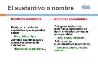 El sustantivo o nombre
 Nombres contables
Designan cualidades
separables que se pueden
contar
libro, árbol, lápiz…
Admiten cuantificadores
numerales además de
indefinidos
diez libros, algún libro…
 Nombres incontables
Designan sustancias,
materias o cualidades, es
decir, entidades continuas
no separables.
aire, arena, felicidad…
Sólo admiten
cuantificadores indefinidos
bastante dinero, mucho
azúcar…
 