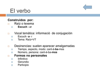 El verbo
Construidos por:
 Raíz o lexema
 Escuch –ar
 Vocal temática: informació de conjugación
 Escuch -a- r
 Tema: Raíz+VT
 Desinencias: suelen aparecer amalgamadas
 Tiempo, aspecto, modo: cant-á-ba-mos
 Número, persona: cant-á-ba-mos
 Formas no personales
 Infinitivo
 Gerundio
 Participio
 
