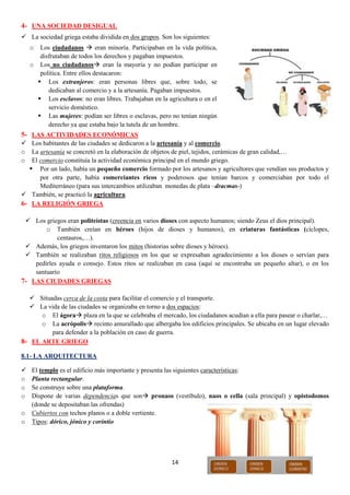4- UNA SOCIEDAD DESIGUAL
 La sociedad griega estaba dividida en dos grupos. Son los siguientes:
Los ciudadanos  eran minoría. Participaban en la vida política,
disfrutaban de todos los derechos y pagaban impuestos.
o Los no ciudadanos eran la mayoría y no podían participar en
política. Entre ellos destacaron:
 Los extranjeros: eran personas libres que, sobre todo, se
dedicaban al comercio y a la artesanía. Pagaban impuestos.
 Los esclavos: no eran libres. Trabajaban en la agricultura o en el
servicio doméstico.
 Las mujeres: podían ser libres o esclavas, pero no tenían ningún
derecho ya que estaba bajo la tutela de un hombre.
o

5- LAS ACTIVIDADES ECONÓMICAS
 Los habitantes de las ciudades se dedicaron a la artesanía y al comercio.
o La artesanía se concretó en la elaboración de objetos de piel, tejidos, cerámicas de gran calidad,…
o El comercio constituía la actividad económica principal en el mundo griego.
 Por un lado, había un pequeño comercio formado por los artesanos y agricultores que vendían sus productos y
por otra parte, había comerciantes ricos y poderosos que tenían barcos y comerciaban por todo el
Mediterráneo (para sus intercambios utilizaban monedas de plata –dracmas-)
 También, se practicó la agricultura.
6- LA RELIGIÓN GRIEGA
 Los griegos eran politeístas (creencia en varios dioses con aspecto humanos; siendo Zeus el dios principal).
o También creían en héroes (hijos de dioses y humanos), en criaturas fantásticas (cíclopes,
centauros,…).
 Además, los griegos inventaron los mitos (historias sobre dioses y héroes).
 También se realizaban ritos religiosos en los que se expresaban agradecimiento a los dioses o servían para
pedirles ayuda o consejo. Estos ritos se realizaban en casa (aquí se encontraba un pequeño altar), o en los
santuario
7- LAS CIUDADES GRIEGAS
 Situadas cerca de la costa para facilitar el comercio y el transporte.
 La vida de las ciudades se organizaba en torno a dos espacios:
o El ágora plaza en la que se celebraba el mercado, los ciudadanos acudían a ella para pasear o charlar,…
o La acrópolis recinto amurallado que albergaba los edificios principales. Se ubicaba en un lugar elevado
para defender a la población en caso de guerra.
8- EL ARTE GRIEGO
8.1- LA ARQUITECTURA

o
o
o
o
o

El templo es el edificio más importante y presenta las siguientes características:
Planta rectangular.
Se construye sobre una plataforma.
Dispone de varias dependencias que son pronaos (vestíbulo), naos o cella (sala principal) y opistodomos
(donde se depositaban las ofrendas)
Cubiertos con techos planos o a doble vertiente.
Tipos: dórico, jónico y corintio

14

 