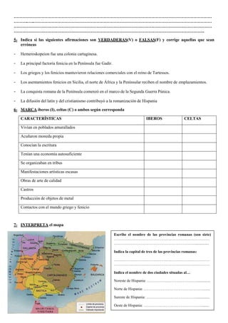 ……………………………………………………………………………………………………………………………
………..…..………………………………………………………………………………………………………………
……………………………………………………………………………………………………………………………
……………………………………………………………………………………………………………………….
5- Indica si las siguientes afirmaciones son VERDADERAS(V) o FALSAS(F) y corrige aquellas que sean
erróneas
-

Hemeroskopeion fue una colonia cartaginesa.

-

La principal factoría fenicia en la Península fue Gadir.

-

Los griegos y los fenicios mantuvieron relaciones comerciales con el reino de Tartessos.

-

Los asentamientos fenicios en Sicilia, el norte de África y la Penínsular reciben el nombre de emplazamientos.

-

La conquista romana de la Península comenzó en el marco de la Segunda Guerra Púnica.

-

La difusión del latín y del cristianismo contribuyó a la romanización de Hispania

6- MARCA iberos (I), celtas (C) o ambos según corresponda
CARACTERÍSTICAS

IBEROS

CELTAS

Vivían en poblados amurallados
Acuñaron moneda propia
Conocían la escritura
Tenían una economía autosuficiente
Se organizaban en tribus
Manifestaciones artísticas escasas
Obras de arte de calidad
Castros
Producción de objetos de metal
Contactos con el mundo griego y fenicio

7- INTERPRETA el mapa
Escribe el nombre de las provincias romanas (son siete)
…………………………………………………………………
………………………………………………………...............
Indica la capital de tres de las provincias romanas:
…………………………………………………………………
…………………………………………………………………
Indica el nombre de dos ciudades situadas al…
Noreste de Hispania: …………………………………..............
Norte de Hispania: ……………………………………….........
Sureste de Hispania: …………………………………..............

27

Oeste de Hispania: ………………………………………........

 