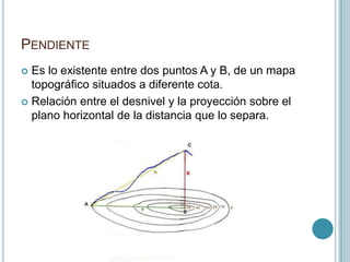PENDIENTE
 Es lo existente entre dos puntos A y B, de un mapa
topográfico situados a diferente cota.
 Relación entre el desnivel y la proyección sobre el
plano horizontal de la distancia que lo separa.
 