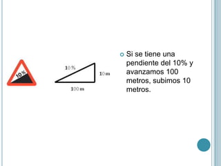  Si se tiene una
pendiente del 10% y
avanzamos 100
metros, subimos 10
metros.
 
