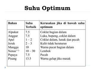 Suhu Optimum
Bahan Suhu
Terbaik
Kerusakan jika di bawah suhu
optimum
Alpukat
Anggur
Apel
Jeruk
Mangga
Nenas++)
Pepaya
Pisang
7.5
7.5
1 – 2
2 – 3
10
10 – 30
7.5
13.5
Coklat bagian dalam
Luka, bopeng, coklat dalam
Coklat dalam, lunak dan pecah
Kulit tidak beraturan
Warna pucat bagian dalam
Lembek
Pecah
Warna gelap jika masak
 