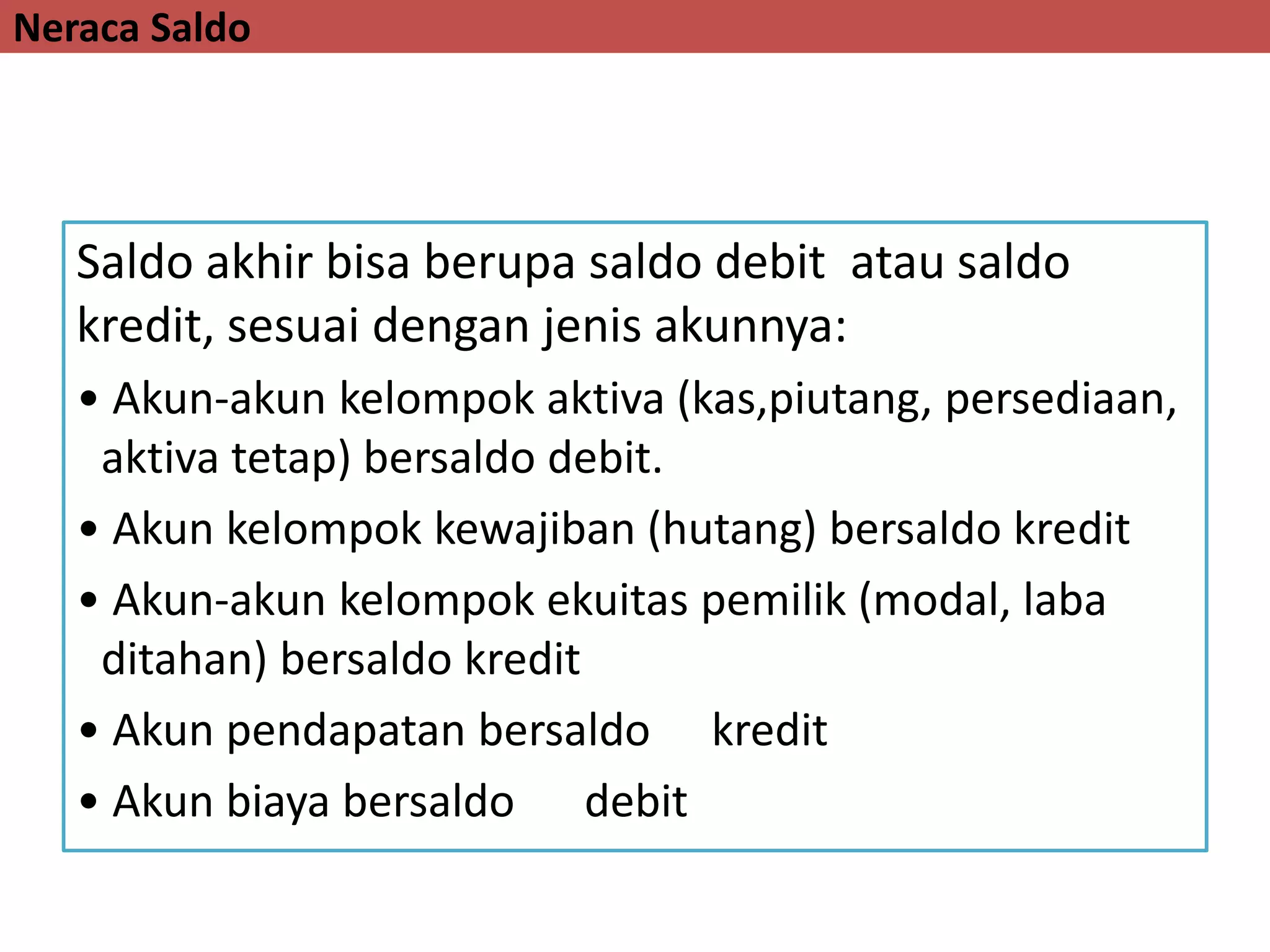 Neraca Saldo
Saldo akhir bisa berupa saldo debit atau saldo
kredit, sesuai dengan jenis akunnya:
• Akun-akun kelompok aktiva (kas,piutang, persediaan,
aktiva tetap) bersaldo debit.
• Akun kelompok kewajiban (hutang) bersaldo kredit
• Akun-akun kelompok ekuitas pemilik (modal, laba
ditahan) bersaldo kredit
• Akun pendapatan bersaldo kredit
• Akun biaya bersaldo debit
 
