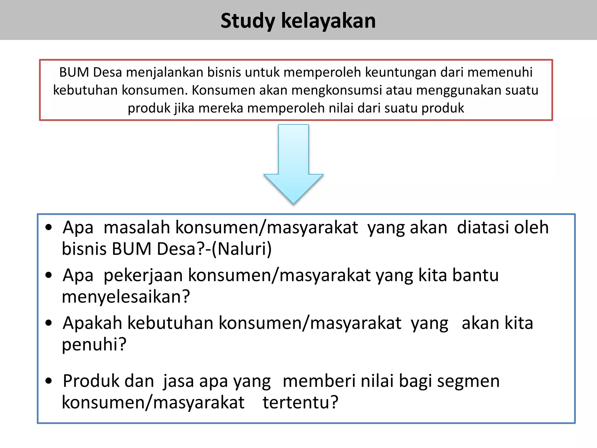Study kelayakan
• Apa masalah konsumen/masyarakat yang akan diatasi oleh
bisnis BUM Desa?-(Naluri)
• Apa pekerjaan konsumen/masyarakat yang kita bantu
menyelesaikan?
• Apakah kebutuhan konsumen/masyarakat yang akan kita
penuhi?
• Produk dan jasa apa yang memberi nilai bagi segmen
konsumen/masyarakat tertentu?
BUM Desa menjalankan bisnis untuk memperoleh keuntungan dari memenuhi
kebutuhan konsumen. Konsumen akan mengkonsumsi atau menggunakan suatu
produk jika mereka memperoleh nilai dari suatu produk
 