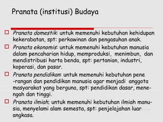 Pranata (institusi) Budaya
 Pranata domestik: untuk memenuhi kebutuhan kehidupan
kekerabatan, spt: perkawinan dan pengasuhan anak.
 Pranata ekonomis: untuk memenuhi kebutuhan manusia
dalam pencaharian hidup, memproduksi, menimbun, dan
mendistribusi harta benda, spt: pertanian, industri,
koperasi, dan pasar.
 Pranata pendidikan: untuk memenuhi kebutuhan pene
-rangan dan pendidikan manusia agar menjadi anggota
masyarakat yang berguna, spt: pendidikan dasar, mene-
ngah dan tinggi.
 Pranata ilmiah; untuk memenuhi kebutuhan ilmiah manu-
sia, menyelami alam semesta, spt: penjelajahan luar
angkasa.
 