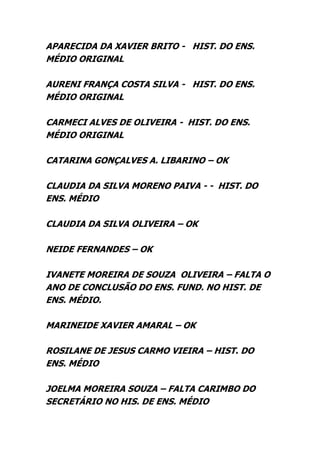APARECIDA DA XAVIER BRITO - HIST. DO ENS.
MÉDIO ORIGINAL
AURENI FRANÇA COSTA SILVA - HIST. DO ENS.
MÉDIO ORIGINAL
CARMECI ALVES DE OLIVEIRA - HIST. DO ENS.
MÉDIO ORIGINAL
CATARINA GONÇALVES A. LIBARINO – OK
CLAUDIA DA SILVA MORENO PAIVA - - HIST. DO
ENS. MÉDIO
CLAUDIA DA SILVA OLIVEIRA – OK
NEIDE FERNANDES – OK
IVANETE MOREIRA DE SOUZA OLIVEIRA – FALTA O
ANO DE CONCLUSÃO DO ENS. FUND. NO HIST. DE
ENS. MÉDIO.
MARINEIDE XAVIER AMARAL – OK
ROSILANE DE JESUS CARMO VIEIRA – HIST. DO
ENS. MÉDIO
JOELMA MOREIRA SOUZA – FALTA CARIMBO DO
SECRETÁRIO NO HIS. DE ENS. MÉDIO
 