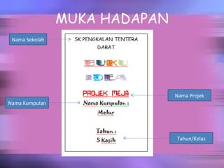 MUKA HADAPAN
 Nama Sekolah




                               Nama Projek
Nama Kumpulan




                               Tahun/Kelas
 