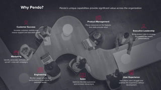Customer Success
Increase customer visibility and
reduce support and education costs
Marketing
Identify advocates and execute
up-sell / cross-sell campaigns
Engineering
Monitor usage volume and
performance to get ahead of
potential issues
Product Management
Focus resources on the features
that really provide value
User Experience
See where users struggle and
optimize the experience without
development
Sales
Optimize the trial experience
and increase conversions
Why Pendo? Pendo’s unique capabilities provide significant value across the organization
Executive Leadership
Bring product data to strategy
discussions and board
presentations
 