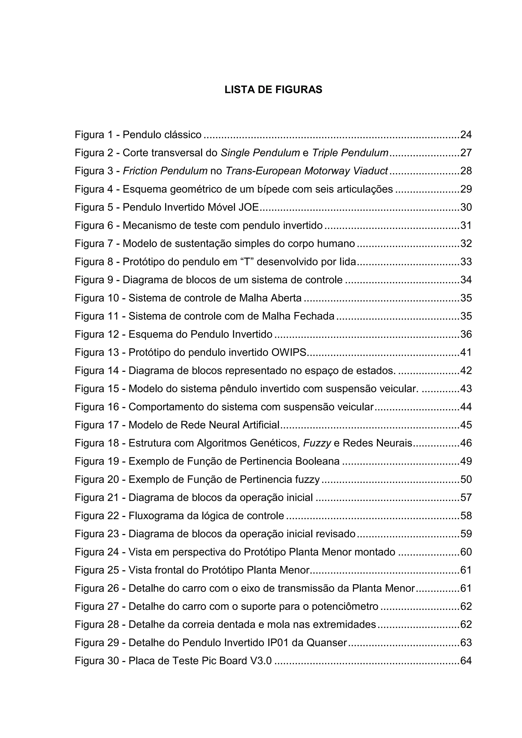 LISTA DE FIGURAS
Figura 1 - Pendulo clássico .......................................................................................24
Figura 2 - Corte transversal do Single Pendulum e Triple Pendulum........................27
Figura 3 - Friction Pendulum no Trans-European Motorway Viaduct........................28
Figura 4 - Esquema geométrico de um bípede com seis articulações ......................29
Figura 5 - Pendulo Invertido Móvel JOE....................................................................30
Figura 6 - Mecanismo de teste com pendulo invertido..............................................31
Figura 7 - Modelo de sustentação simples do corpo humano ...................................32
Figura 8 - Protótipo do pendulo em “T” desenvolvido por Iida...................................33
Figura 9 - Diagrama de blocos de um sistema de controle .......................................34
Figura 10 - Sistema de controle de Malha Aberta .....................................................35
Figura 11 - Sistema de controle com de Malha Fechada..........................................35
Figura 12 - Esquema do Pendulo Invertido ...............................................................36
Figura 13 - Protótipo do pendulo invertido OWIPS....................................................41
Figura 14 - Diagrama de blocos representado no espaço de estados. .....................42
Figura 15 - Modelo do sistema pêndulo invertido com suspensão veicular. .............43
Figura 16 - Comportamento do sistema com suspensão veicular.............................44
Figura 17 - Modelo de Rede Neural Artificial.............................................................45
Figura 18 - Estrutura com Algoritmos Genéticos, Fuzzy e Redes Neurais................46
Figura 19 - Exemplo de Função de Pertinencia Booleana ........................................49
Figura 20 - Exemplo de Função de Pertinencia fuzzy...............................................50
Figura 21 - Diagrama de blocos da operação inicial .................................................57
Figura 22 - Fluxograma da lógica de controle ...........................................................58
Figura 23 - Diagrama de blocos da operação inicial revisado...................................59
Figura 24 - Vista em perspectiva do Protótipo Planta Menor montado .....................60
Figura 25 - Vista frontal do Protótipo Planta Menor...................................................61
Figura 26 - Detalhe do carro com o eixo de transmissão da Planta Menor...............61
Figura 27 - Detalhe do carro com o suporte para o potenciômetro ...........................62
Figura 28 - Detalhe da correia dentada e mola nas extremidades............................62
Figura 29 - Detalhe do Pendulo Invertido IP01 da Quanser......................................63
Figura 30 - Placa de Teste Pic Board V3.0 ...............................................................64
 