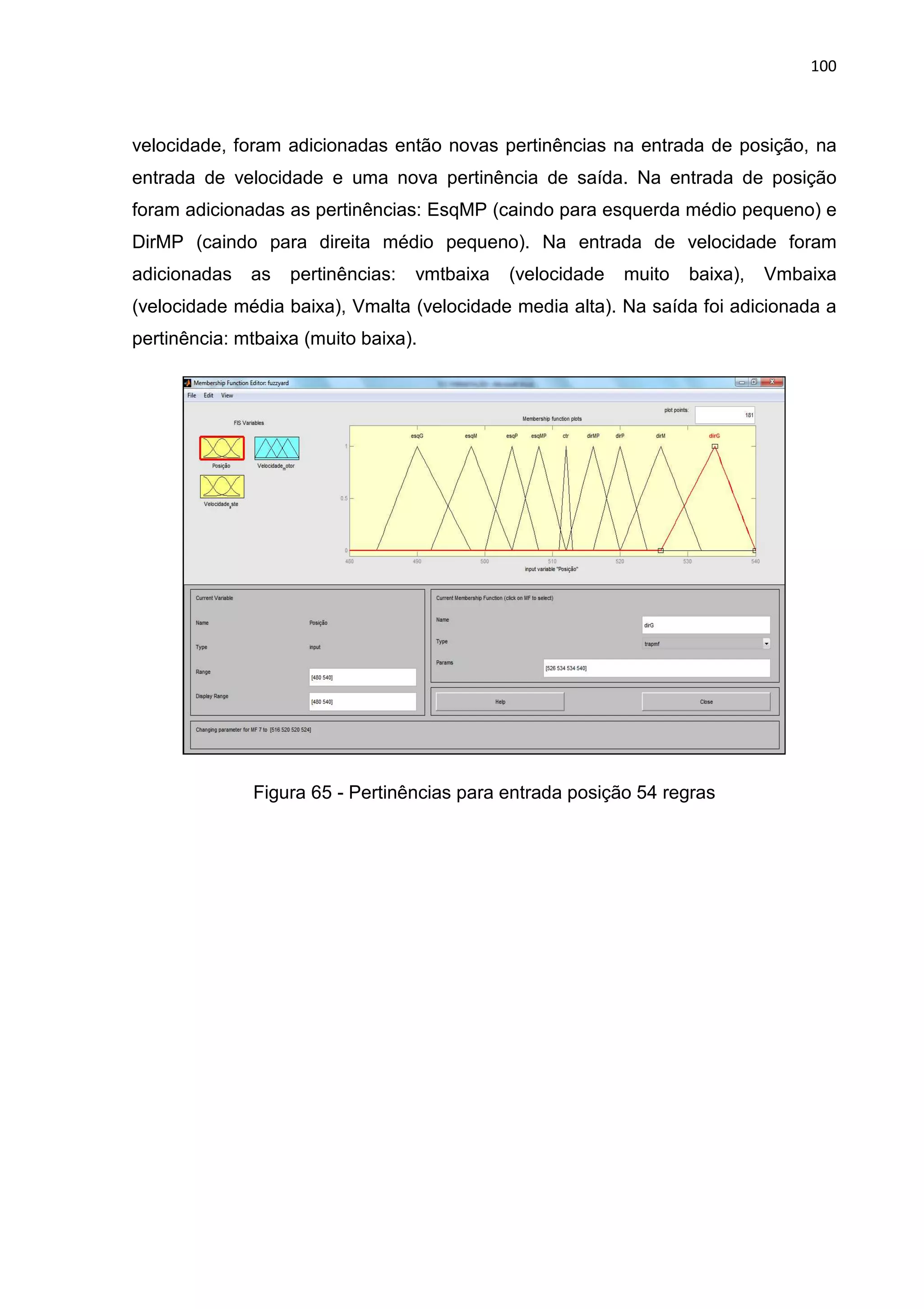 100
velocidade, foram adicionadas então novas pertinências na entrada de posição, na
entrada de velocidade e uma nova pertinência de saída. Na entrada de posição
foram adicionadas as pertinências: EsqMP (caindo para esquerda médio pequeno) e
DirMP (caindo para direita médio pequeno). Na entrada de velocidade foram
adicionadas as pertinências: vmtbaixa (velocidade muito baixa), Vmbaixa
(velocidade média baixa), Vmalta (velocidade media alta). Na saída foi adicionada a
pertinência: mtbaixa (muito baixa).
Figura 65 - Pertinências para entrada posição 54 regras
 