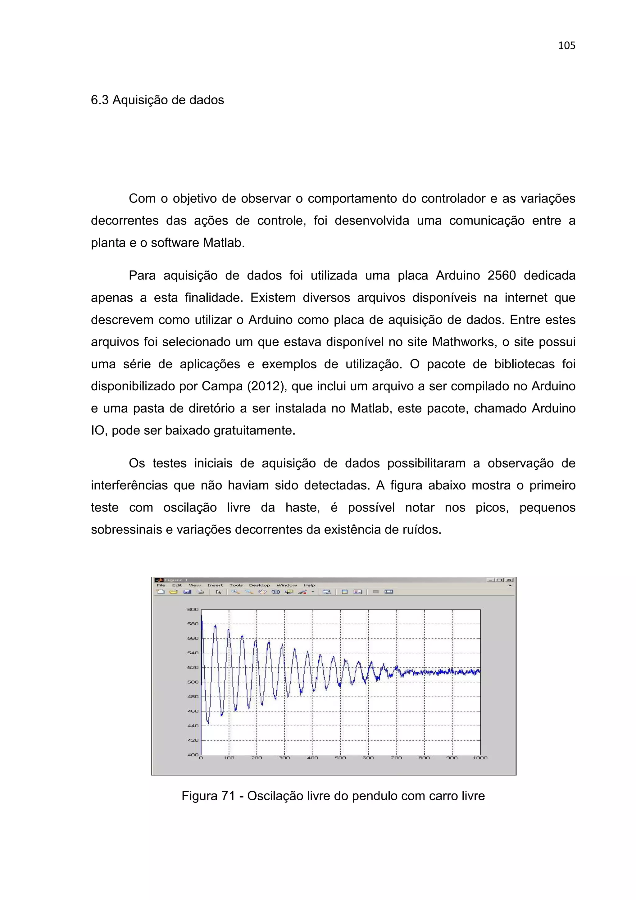 105
6.3 Aquisição de dados
Com o objetivo de observar o comportamento do controlador e as variações
decorrentes das ações de controle, foi desenvolvida uma comunicação entre a
planta e o software Matlab.
Para aquisição de dados foi utilizada uma placa Arduino 2560 dedicada
apenas a esta finalidade. Existem diversos arquivos disponíveis na internet que
descrevem como utilizar o Arduino como placa de aquisição de dados. Entre estes
arquivos foi selecionado um que estava disponível no site Mathworks, o site possui
uma série de aplicações e exemplos de utilização. O pacote de bibliotecas foi
disponibilizado por Campa (2012), que inclui um arquivo a ser compilado no Arduino
e uma pasta de diretório a ser instalada no Matlab, este pacote, chamado Arduino
IO, pode ser baixado gratuitamente.
Os testes iniciais de aquisição de dados possibilitaram a observação de
interferências que não haviam sido detectadas. A figura abaixo mostra o primeiro
teste com oscilação livre da haste, é possível notar nos picos, pequenos
sobressinais e variações decorrentes da existência de ruídos.
Figura 71 - Oscilação livre do pendulo com carro livre
 