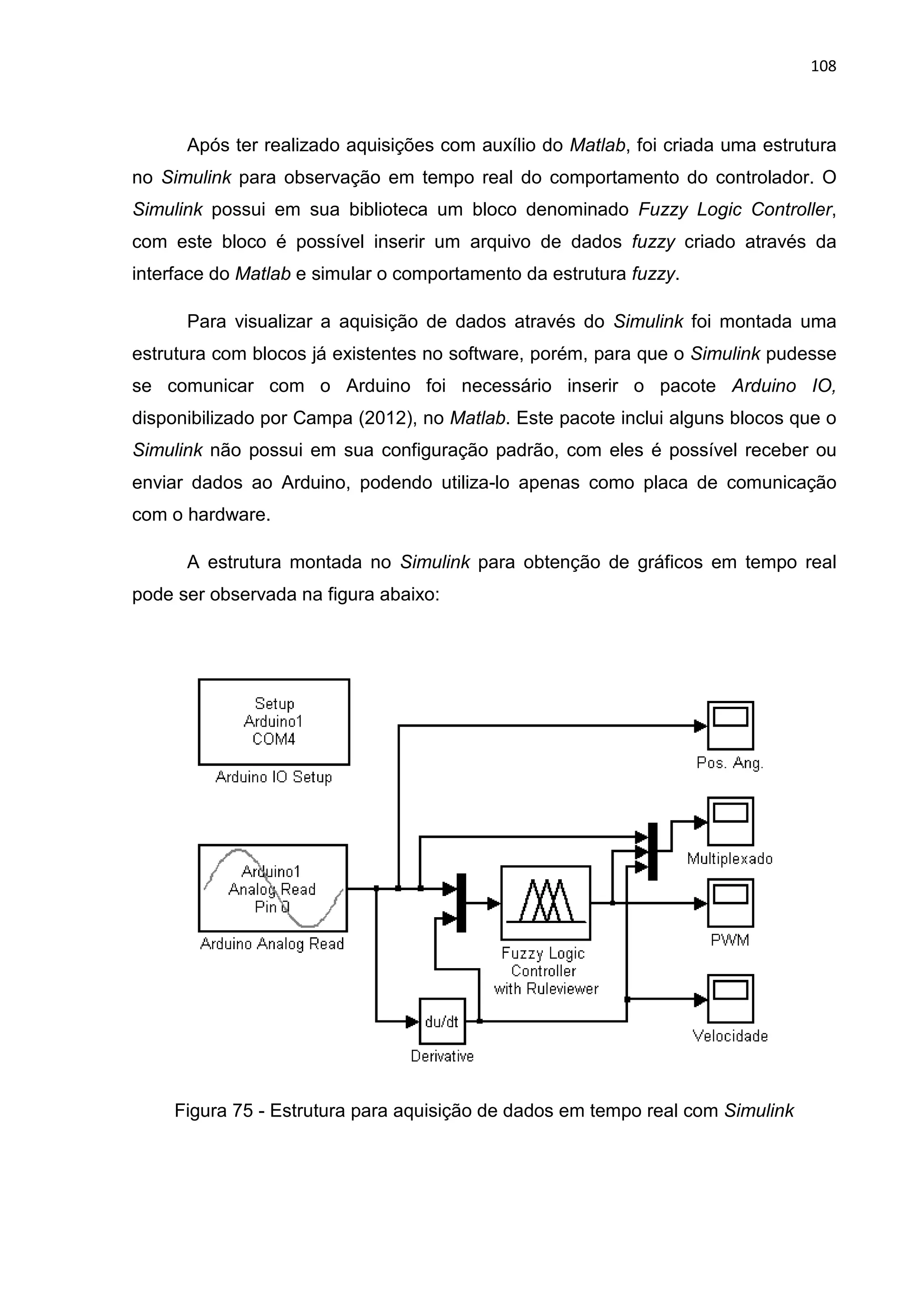 108
Após ter realizado aquisições com auxílio do Matlab, foi criada uma estrutura
no Simulink para observação em tempo real do comportamento do controlador. O
Simulink possui em sua biblioteca um bloco denominado Fuzzy Logic Controller,
com este bloco é possível inserir um arquivo de dados fuzzy criado através da
interface do Matlab e simular o comportamento da estrutura fuzzy.
Para visualizar a aquisição de dados através do Simulink foi montada uma
estrutura com blocos já existentes no software, porém, para que o Simulink pudesse
se comunicar com o Arduino foi necessário inserir o pacote Arduino IO,
disponibilizado por Campa (2012), no Matlab. Este pacote inclui alguns blocos que o
Simulink não possui em sua configuração padrão, com eles é possível receber ou
enviar dados ao Arduino, podendo utiliza-lo apenas como placa de comunicação
com o hardware.
A estrutura montada no Simulink para obtenção de gráficos em tempo real
pode ser observada na figura abaixo:
Figura 75 - Estrutura para aquisição de dados em tempo real com Simulink
 