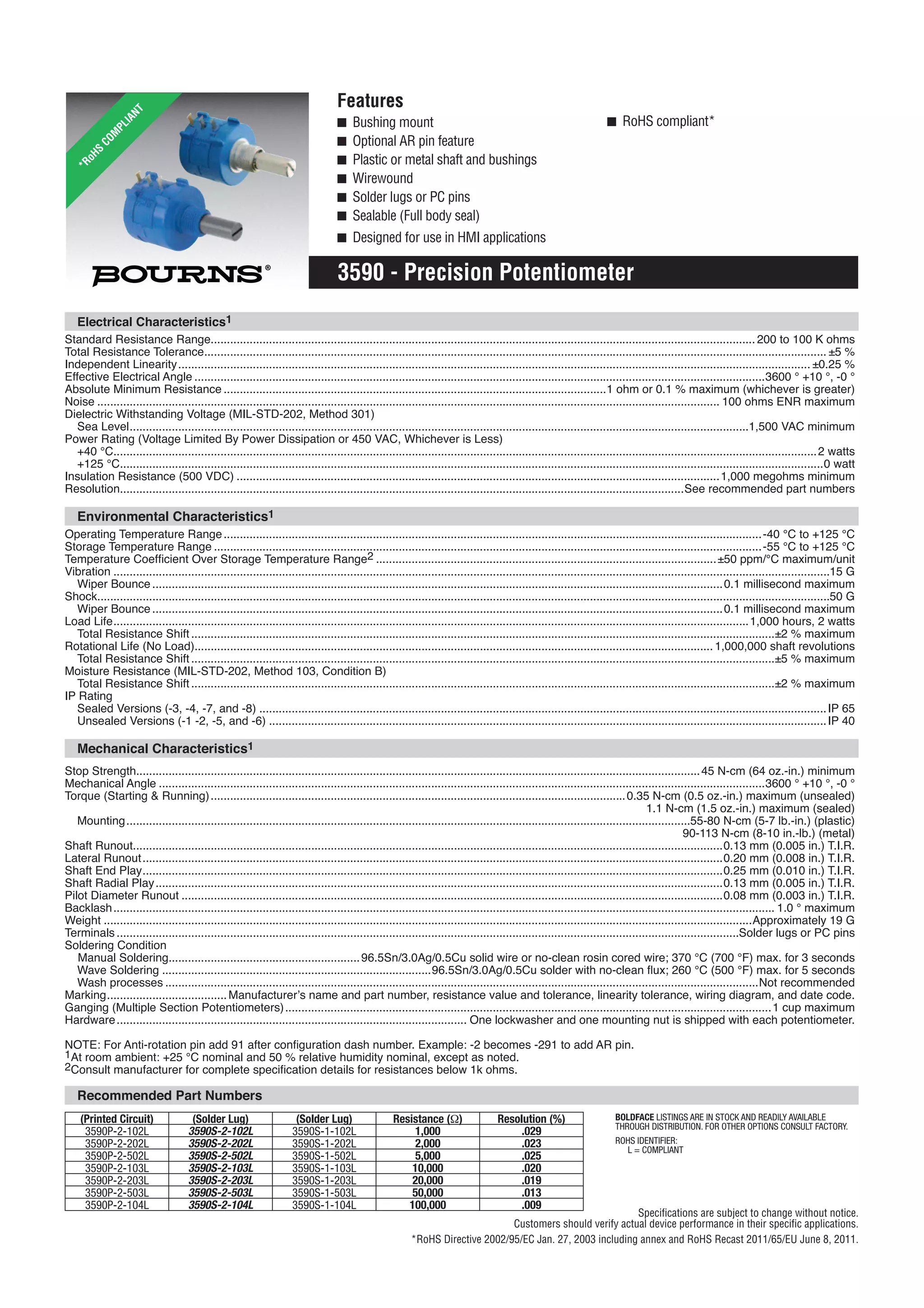 Features
■ Bushing mount
■ Optional AR pin feature
■ Plastic or metal shaft and bushings
■ Wirewound
■ Solder lugs or PC pins
■ Sealable (Full body seal)
■ Designed for use in HMI applications
■ RoHS compliant*
3590 - Precision Potentiometer
Speciﬁcations are subject to change without notice.
Customers should verify actual device performance in their speciﬁc applications.
*RoHS Directive 2002/95/EC Jan. 27, 2003 including annex and RoHS Recast 2011/65/EU June 8, 2011.
Electrical Characteristics1
Standard Resistance Range........................................................................................................................................................................ 200 to 100 K ohms
Total Resistance Tolerance................................................................................................................................................................................................ ±5 %
Independent Linearity................................................................................................................................................................................................... ±0.25 %
Effective Electrical Angle ................................................................................................................................................................................3600 ° +10 °, -0 °
Absolute Minimum Resistance ......................................................................................................................1 ohm or 0.1 % maximum (whichever is greater)
Noise ................................................................................................................................................................................................ 100 ohms ENR maximum
Dielectric Withstanding Voltage (MIL-STD-202, Method 301)
Sea Level...............................................................................................................................................................................................1,500 VAC minimum
Power Rating (Voltage Limited By Power Dissipation or 450 VAC, Whichever is Less)
+40 °C.........................................................................................................................................................................................................................2 watts
+125 °C.........................................................................................................................................................................................................................0 watt
Insulation Resistance (500 VDC) .....................................................................................................................................................1,000 megohms minimum
Resolution..............................................................................................................................................................................See recommended part numbers
Environmental Characteristics1
Operating Temperature Range......................................................................................................................................................................-40 °C to +125 °C
Storage Temperature Range .........................................................................................................................................................................-55 °C to +125 °C
Temperature Coefﬁcient Over Storage Temperature Range2 .........................................................................................................±50 ppm/°C maximum/unit
Vibration .............................................................................................................................................................................................................................15 G
Wiper Bounce ................................................................................................................................................................................0.1 millisecond maximum
Shock..................................................................................................................................................................................................................................50 G
Wiper Bounce ................................................................................................................................................................................0.1 millisecond maximum
Load Life....................................................................................................................................................................................................1,000 hours, 2 watts
Total Resistance Shift ....................................................................................................................................................................................±2 % maximum
Rotational Life (No Load)................................................................................................................................................................ 1,000,000 shaft revolutions
Total Resistance Shift ....................................................................................................................................................................................±5 % maximum
Moisture Resistance (MIL-STD-202, Method 103, Condition B)
Total Resistance Shift ....................................................................................................................................................................................±2 % maximum
IP Rating
Sealed Versions (-3, -4, -7, and -8) ...............................................................................................................................................................................IP 65
Unsealed Versions (-1 -2, -5, and -6) ............................................................................................................................................................................IP 40
Mechanical Characteristics1
Stop Strength..............................................................................................................................................................................45 N-cm (64 oz.-in.) minimum
Mechanical Angle ...........................................................................................................................................................................................3600 ° +10 °, -0 °
Torque (Starting & Running)................................................................................................................................0.35 N-cm (0.5 oz.-in.) maximum (unsealed)
1.1 N-cm (1.5 oz.-in.) maximum (sealed)
Mounting..............................................................................................................................................................................55-80 N-cm (5-7 lb.-in.) (plastic)
90-113 N-cm (8-10 in.-lb.) (metal)
Shaft Runout......................................................................................................................................................................................0.13 mm (0.005 in.) T.I.R.
Lateral Runout...................................................................................................................................................................................0.20 mm (0.008 in.) T.I.R.
Shaft End Play...................................................................................................................................................................................0.25 mm (0.010 in.) T.I.R.
Shaft Radial Play...............................................................................................................................................................................0.13 mm (0.005 in.) T.I.R.
Pilot Diameter Runout .......................................................................................................................................................................0.08 mm (0.003 in.) T.I.R.
Backlash............................................................................................................................................................................................................ 1.0 ° maximum
Weight ........................................................................................................................................................................................................Approximately 19 G
Terminals ................................................................................................................................................................................................Solder lugs or PC pins
Soldering Condition
Manual Soldering...........................................................96.5Sn/3.0Ag/0.5Cu solid wire or no-clean rosin cored wire; 370 °C (700 °F) max. for 3 seconds
Wave Soldering ...................................................................................96.5Sn/3.0Ag/0.5Cu solder with no-clean ﬂux; 260 °C (500 °F) max. for 5 seconds
Wash processes .......................................................................................................................................................................................Not recommended
Marking.....................................Manufacturer’s name and part number, resistance value and tolerance, linearity tolerance, wiring diagram, and date code.
Ganging (Multiple Section Potentiometers)......................................................................................................................................................1 cup maximum
Hardware............................................................................................................ One lockwasher and one mounting nut is shipped with each potentiometer.
NOTE: For Anti-rotation pin add 91 after conﬁguration dash number. Example: -2 becomes -291 to add AR pin.
1At room ambient: +25 °C nominal and 50 % relative humidity nominal, except as noted.
2Consult manufacturer for complete speciﬁcation details for resistances below 1k ohms.
BOLDFACE LISTINGS ARE IN STOCK AND READILY AVAILABLE
THROUGH DISTRIBUTION. FOR OTHER OPTIONS CONSULT FACTORY.
ROHS IDENTIFIER:
L = COMPLIANT
Recommended Part Numbers
(Printed Circuit) (Solder Lug) (Solder Lug) Resistance (Ω) Resolution (%)
3590P-2-102L 3590S-2-102L 3590S-1-102L 1,000 .029
3590P-2-202L 3590S-2-202L 3590S-1-202L 2,000 .023
3590P-2-502L 3590S-2-502L 3590S-1-502L 5,000 .025
3590P-2-103L 3590S-2-103L 3590S-1-103L 10,000 .020
3590P-2-203L 3590S-2-203L 3590S-1-203L 20,000 .019
3590P-2-503L 3590S-2-503L 3590S-1-503L 50,000 .013
3590P-2-104L 3590S-2-104L 3590S-1-104L 100,000 .009
*RoHS
COM
PLIANT
 