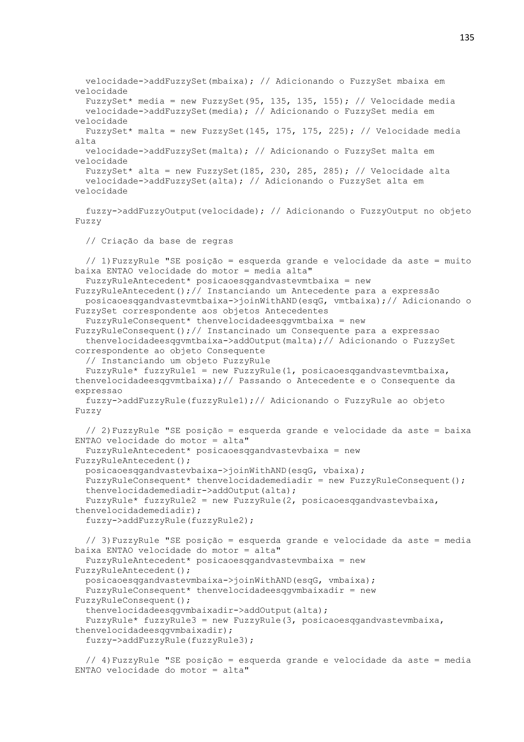 135
velocidade->addFuzzySet(mbaixa); // Adicionando o FuzzySet mbaixa em
velocidade
FuzzySet* media = new FuzzySet(95, 135, 135, 155); // Velocidade media
velocidade->addFuzzySet(media); // Adicionando o FuzzySet media em
velocidade
FuzzySet* malta = new FuzzySet(145, 175, 175, 225); // Velocidade media
alta
velocidade->addFuzzySet(malta); // Adicionando o FuzzySet malta em
velocidade
FuzzySet* alta = new FuzzySet(185, 230, 285, 285); // Velocidade alta
velocidade->addFuzzySet(alta); // Adicionando o FuzzySet alta em
velocidade
fuzzy->addFuzzyOutput(velocidade); // Adicionando o FuzzyOutput no objeto
Fuzzy
// Criação da base de regras
// 1)FuzzyRule "SE posição = esquerda grande e velocidade da aste = muito
baixa ENTAO velocidade do motor = media alta"
FuzzyRuleAntecedent* posicaoesqgandvastevmtbaixa = new
FuzzyRuleAntecedent();// Instanciando um Antecedente para a expressão
posicaoesqgandvastevmtbaixa->joinWithAND(esqG, vmtbaixa);// Adicionando o
FuzzySet correspondente aos objetos Antecedentes
FuzzyRuleConsequent* thenvelocidadeesqgvmtbaixa = new
FuzzyRuleConsequent();// Instancinado um Consequente para a expressao
thenvelocidadeesqgvmtbaixa->addOutput(malta);// Adicionando o FuzzySet
correspondente ao objeto Consequente
// Instanciando um objeto FuzzyRule
FuzzyRule* fuzzyRule1 = new FuzzyRule(1, posicaoesqgandvastevmtbaixa,
thenvelocidadeesqgvmtbaixa);// Passando o Antecedente e o Consequente da
expressao
fuzzy->addFuzzyRule(fuzzyRule1);// Adicionando o FuzzyRule ao objeto
Fuzzy
// 2)FuzzyRule "SE posição = esquerda grande e velocidade da aste = baixa
ENTAO velocidade do motor = alta"
FuzzyRuleAntecedent* posicaoesqgandvastevbaixa = new
FuzzyRuleAntecedent();
posicaoesqgandvastevbaixa->joinWithAND(esqG, vbaixa);
FuzzyRuleConsequent* thenvelocidademediadir = new FuzzyRuleConsequent();
thenvelocidademediadir->addOutput(alta);
FuzzyRule* fuzzyRule2 = new FuzzyRule(2, posicaoesqgandvastevbaixa,
thenvelocidademediadir);
fuzzy->addFuzzyRule(fuzzyRule2);
// 3)FuzzyRule "SE posição = esquerda grande e velocidade da aste = media
baixa ENTAO velocidade do motor = alta"
FuzzyRuleAntecedent* posicaoesqgandvastevmbaixa = new
FuzzyRuleAntecedent();
posicaoesqgandvastevmbaixa->joinWithAND(esqG, vmbaixa);
FuzzyRuleConsequent* thenvelocidadeesqgvmbaixadir = new
FuzzyRuleConsequent();
thenvelocidadeesqgvmbaixadir->addOutput(alta);
FuzzyRule* fuzzyRule3 = new FuzzyRule(3, posicaoesqgandvastevmbaixa,
thenvelocidadeesqgvmbaixadir);
fuzzy->addFuzzyRule(fuzzyRule3);
// 4)FuzzyRule "SE posição = esquerda grande e velocidade da aste = media
ENTAO velocidade do motor = alta"
 