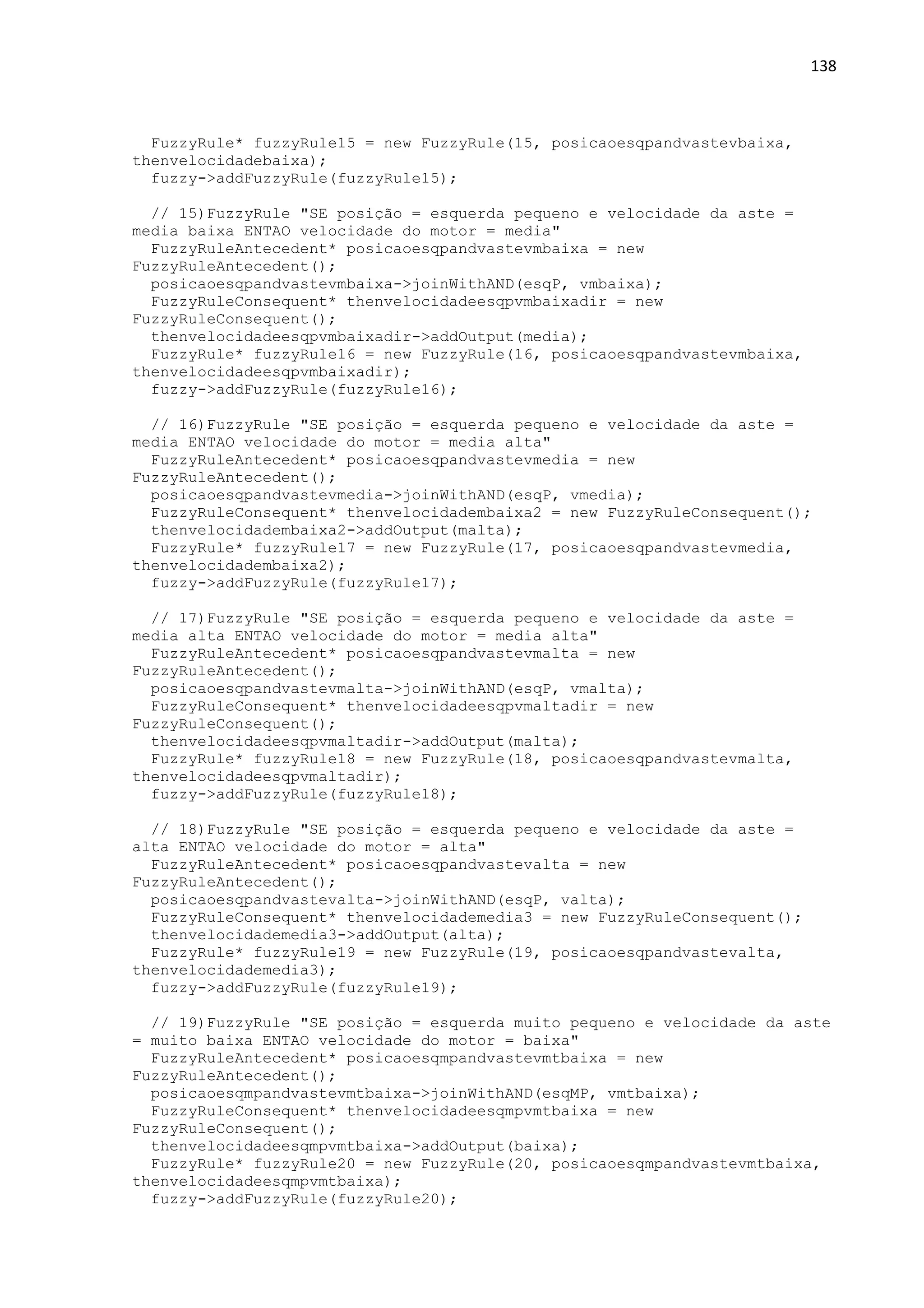138
FuzzyRule* fuzzyRule15 = new FuzzyRule(15, posicaoesqpandvastevbaixa,
thenvelocidadebaixa);
fuzzy->addFuzzyRule(fuzzyRule15);
// 15)FuzzyRule "SE posição = esquerda pequeno e velocidade da aste =
media baixa ENTAO velocidade do motor = media"
FuzzyRuleAntecedent* posicaoesqpandvastevmbaixa = new
FuzzyRuleAntecedent();
posicaoesqpandvastevmbaixa->joinWithAND(esqP, vmbaixa);
FuzzyRuleConsequent* thenvelocidadeesqpvmbaixadir = new
FuzzyRuleConsequent();
thenvelocidadeesqpvmbaixadir->addOutput(media);
FuzzyRule* fuzzyRule16 = new FuzzyRule(16, posicaoesqpandvastevmbaixa,
thenvelocidadeesqpvmbaixadir);
fuzzy->addFuzzyRule(fuzzyRule16);
// 16)FuzzyRule "SE posição = esquerda pequeno e velocidade da aste =
media ENTAO velocidade do motor = media alta"
FuzzyRuleAntecedent* posicaoesqpandvastevmedia = new
FuzzyRuleAntecedent();
posicaoesqpandvastevmedia->joinWithAND(esqP, vmedia);
FuzzyRuleConsequent* thenvelocidadembaixa2 = new FuzzyRuleConsequent();
thenvelocidadembaixa2->addOutput(malta);
FuzzyRule* fuzzyRule17 = new FuzzyRule(17, posicaoesqpandvastevmedia,
thenvelocidadembaixa2);
fuzzy->addFuzzyRule(fuzzyRule17);
// 17)FuzzyRule "SE posição = esquerda pequeno e velocidade da aste =
media alta ENTAO velocidade do motor = media alta"
FuzzyRuleAntecedent* posicaoesqpandvastevmalta = new
FuzzyRuleAntecedent();
posicaoesqpandvastevmalta->joinWithAND(esqP, vmalta);
FuzzyRuleConsequent* thenvelocidadeesqpvmaltadir = new
FuzzyRuleConsequent();
thenvelocidadeesqpvmaltadir->addOutput(malta);
FuzzyRule* fuzzyRule18 = new FuzzyRule(18, posicaoesqpandvastevmalta,
thenvelocidadeesqpvmaltadir);
fuzzy->addFuzzyRule(fuzzyRule18);
// 18)FuzzyRule "SE posição = esquerda pequeno e velocidade da aste =
alta ENTAO velocidade do motor = alta"
FuzzyRuleAntecedent* posicaoesqpandvastevalta = new
FuzzyRuleAntecedent();
posicaoesqpandvastevalta->joinWithAND(esqP, valta);
FuzzyRuleConsequent* thenvelocidademedia3 = new FuzzyRuleConsequent();
thenvelocidademedia3->addOutput(alta);
FuzzyRule* fuzzyRule19 = new FuzzyRule(19, posicaoesqpandvastevalta,
thenvelocidademedia3);
fuzzy->addFuzzyRule(fuzzyRule19);
// 19)FuzzyRule "SE posição = esquerda muito pequeno e velocidade da aste
= muito baixa ENTAO velocidade do motor = baixa"
FuzzyRuleAntecedent* posicaoesqmpandvastevmtbaixa = new
FuzzyRuleAntecedent();
posicaoesqmpandvastevmtbaixa->joinWithAND(esqMP, vmtbaixa);
FuzzyRuleConsequent* thenvelocidadeesqmpvmtbaixa = new
FuzzyRuleConsequent();
thenvelocidadeesqmpvmtbaixa->addOutput(baixa);
FuzzyRule* fuzzyRule20 = new FuzzyRule(20, posicaoesqmpandvastevmtbaixa,
thenvelocidadeesqmpvmtbaixa);
fuzzy->addFuzzyRule(fuzzyRule20);
 