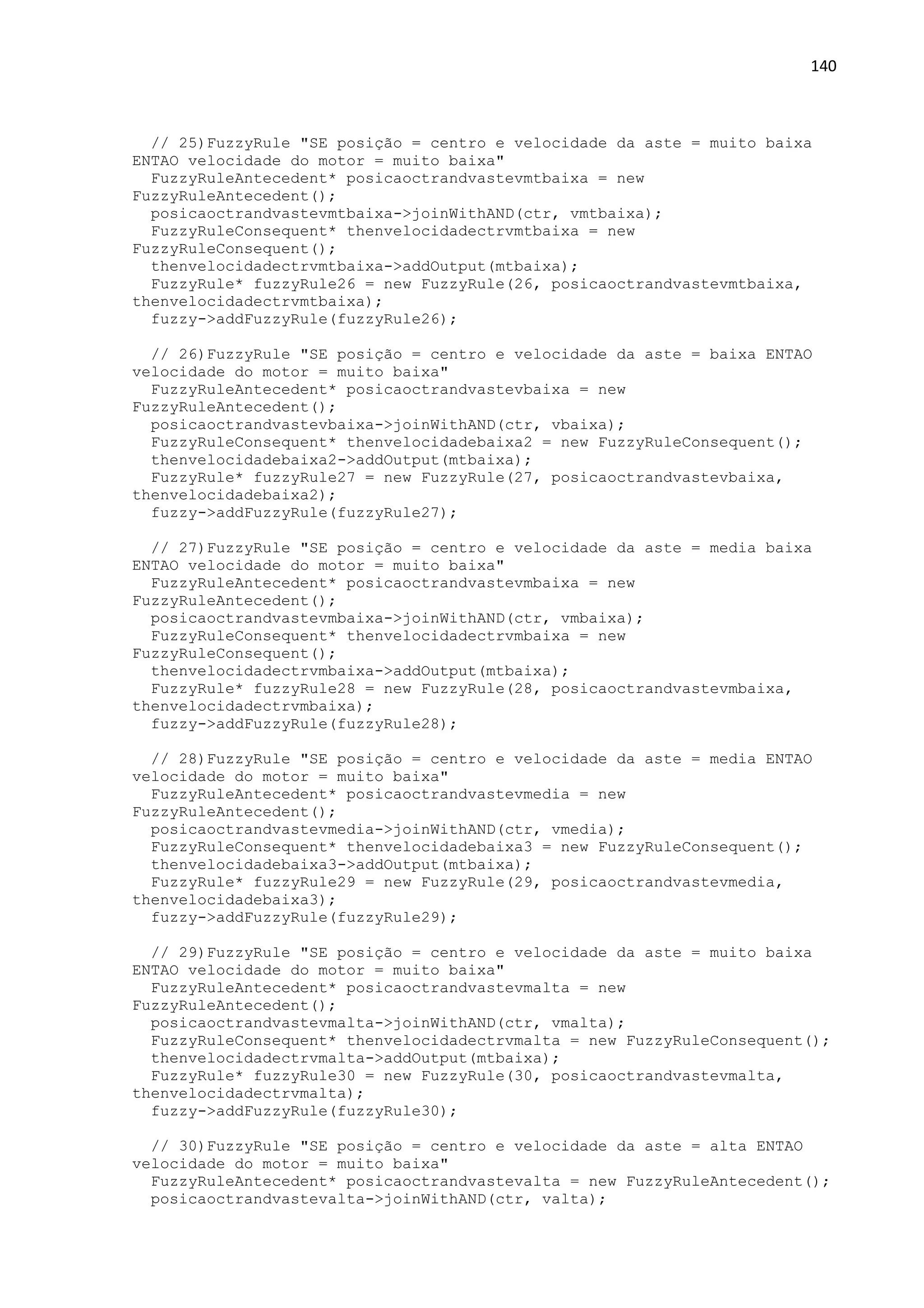140
// 25)FuzzyRule "SE posição = centro e velocidade da aste = muito baixa
ENTAO velocidade do motor = muito baixa"
FuzzyRuleAntecedent* posicaoctrandvastevmtbaixa = new
FuzzyRuleAntecedent();
posicaoctrandvastevmtbaixa->joinWithAND(ctr, vmtbaixa);
FuzzyRuleConsequent* thenvelocidadectrvmtbaixa = new
FuzzyRuleConsequent();
thenvelocidadectrvmtbaixa->addOutput(mtbaixa);
FuzzyRule* fuzzyRule26 = new FuzzyRule(26, posicaoctrandvastevmtbaixa,
thenvelocidadectrvmtbaixa);
fuzzy->addFuzzyRule(fuzzyRule26);
// 26)FuzzyRule "SE posição = centro e velocidade da aste = baixa ENTAO
velocidade do motor = muito baixa"
FuzzyRuleAntecedent* posicaoctrandvastevbaixa = new
FuzzyRuleAntecedent();
posicaoctrandvastevbaixa->joinWithAND(ctr, vbaixa);
FuzzyRuleConsequent* thenvelocidadebaixa2 = new FuzzyRuleConsequent();
thenvelocidadebaixa2->addOutput(mtbaixa);
FuzzyRule* fuzzyRule27 = new FuzzyRule(27, posicaoctrandvastevbaixa,
thenvelocidadebaixa2);
fuzzy->addFuzzyRule(fuzzyRule27);
// 27)FuzzyRule "SE posição = centro e velocidade da aste = media baixa
ENTAO velocidade do motor = muito baixa"
FuzzyRuleAntecedent* posicaoctrandvastevmbaixa = new
FuzzyRuleAntecedent();
posicaoctrandvastevmbaixa->joinWithAND(ctr, vmbaixa);
FuzzyRuleConsequent* thenvelocidadectrvmbaixa = new
FuzzyRuleConsequent();
thenvelocidadectrvmbaixa->addOutput(mtbaixa);
FuzzyRule* fuzzyRule28 = new FuzzyRule(28, posicaoctrandvastevmbaixa,
thenvelocidadectrvmbaixa);
fuzzy->addFuzzyRule(fuzzyRule28);
// 28)FuzzyRule "SE posição = centro e velocidade da aste = media ENTAO
velocidade do motor = muito baixa"
FuzzyRuleAntecedent* posicaoctrandvastevmedia = new
FuzzyRuleAntecedent();
posicaoctrandvastevmedia->joinWithAND(ctr, vmedia);
FuzzyRuleConsequent* thenvelocidadebaixa3 = new FuzzyRuleConsequent();
thenvelocidadebaixa3->addOutput(mtbaixa);
FuzzyRule* fuzzyRule29 = new FuzzyRule(29, posicaoctrandvastevmedia,
thenvelocidadebaixa3);
fuzzy->addFuzzyRule(fuzzyRule29);
// 29)FuzzyRule "SE posição = centro e velocidade da aste = muito baixa
ENTAO velocidade do motor = muito baixa"
FuzzyRuleAntecedent* posicaoctrandvastevmalta = new
FuzzyRuleAntecedent();
posicaoctrandvastevmalta->joinWithAND(ctr, vmalta);
FuzzyRuleConsequent* thenvelocidadectrvmalta = new FuzzyRuleConsequent();
thenvelocidadectrvmalta->addOutput(mtbaixa);
FuzzyRule* fuzzyRule30 = new FuzzyRule(30, posicaoctrandvastevmalta,
thenvelocidadectrvmalta);
fuzzy->addFuzzyRule(fuzzyRule30);
// 30)FuzzyRule "SE posição = centro e velocidade da aste = alta ENTAO
velocidade do motor = muito baixa"
FuzzyRuleAntecedent* posicaoctrandvastevalta = new FuzzyRuleAntecedent();
posicaoctrandvastevalta->joinWithAND(ctr, valta);
 