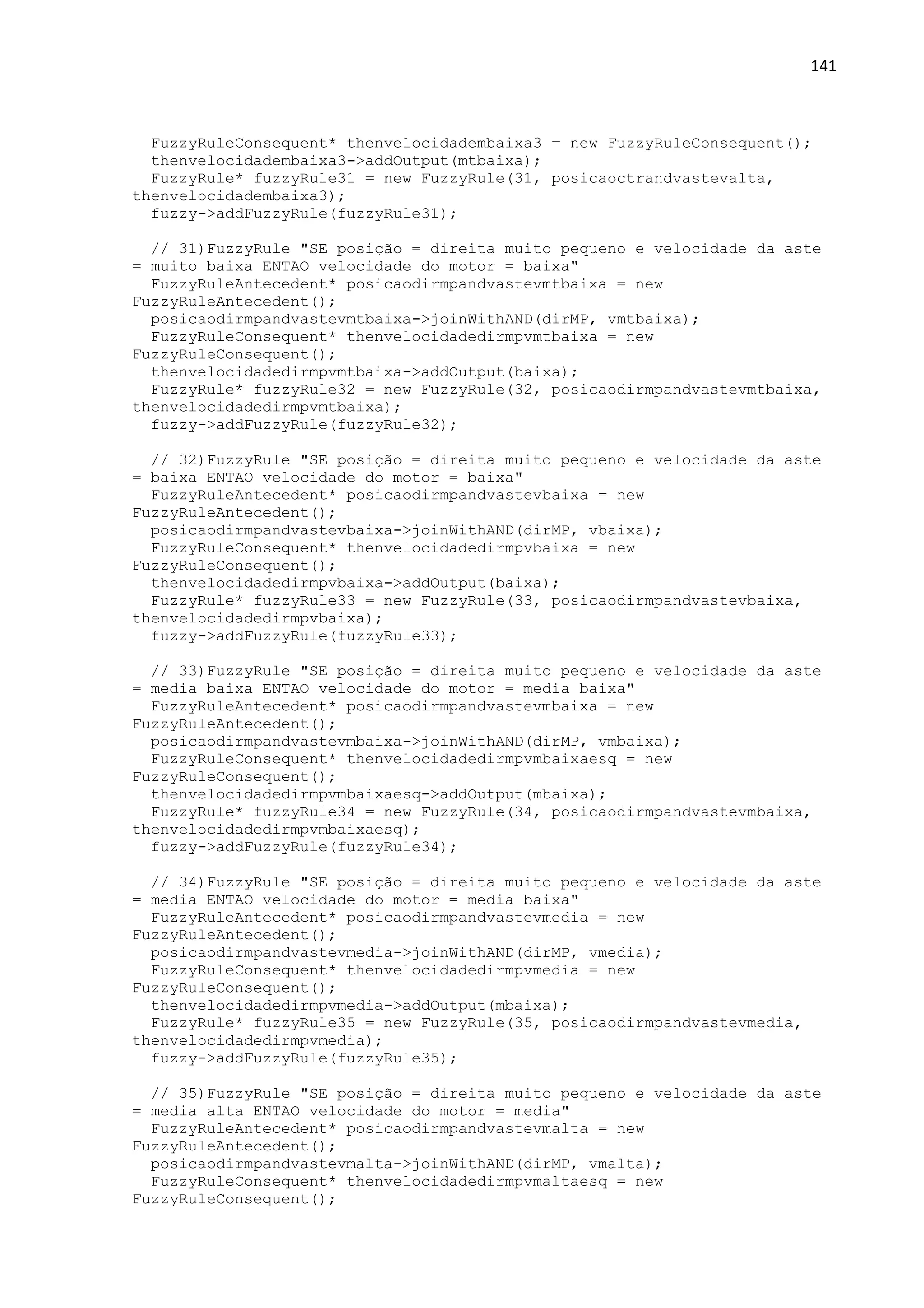 141
FuzzyRuleConsequent* thenvelocidadembaixa3 = new FuzzyRuleConsequent();
thenvelocidadembaixa3->addOutput(mtbaixa);
FuzzyRule* fuzzyRule31 = new FuzzyRule(31, posicaoctrandvastevalta,
thenvelocidadembaixa3);
fuzzy->addFuzzyRule(fuzzyRule31);
// 31)FuzzyRule "SE posição = direita muito pequeno e velocidade da aste
= muito baixa ENTAO velocidade do motor = baixa"
FuzzyRuleAntecedent* posicaodirmpandvastevmtbaixa = new
FuzzyRuleAntecedent();
posicaodirmpandvastevmtbaixa->joinWithAND(dirMP, vmtbaixa);
FuzzyRuleConsequent* thenvelocidadedirmpvmtbaixa = new
FuzzyRuleConsequent();
thenvelocidadedirmpvmtbaixa->addOutput(baixa);
FuzzyRule* fuzzyRule32 = new FuzzyRule(32, posicaodirmpandvastevmtbaixa,
thenvelocidadedirmpvmtbaixa);
fuzzy->addFuzzyRule(fuzzyRule32);
// 32)FuzzyRule "SE posição = direita muito pequeno e velocidade da aste
= baixa ENTAO velocidade do motor = baixa"
FuzzyRuleAntecedent* posicaodirmpandvastevbaixa = new
FuzzyRuleAntecedent();
posicaodirmpandvastevbaixa->joinWithAND(dirMP, vbaixa);
FuzzyRuleConsequent* thenvelocidadedirmpvbaixa = new
FuzzyRuleConsequent();
thenvelocidadedirmpvbaixa->addOutput(baixa);
FuzzyRule* fuzzyRule33 = new FuzzyRule(33, posicaodirmpandvastevbaixa,
thenvelocidadedirmpvbaixa);
fuzzy->addFuzzyRule(fuzzyRule33);
// 33)FuzzyRule "SE posição = direita muito pequeno e velocidade da aste
= media baixa ENTAO velocidade do motor = media baixa"
FuzzyRuleAntecedent* posicaodirmpandvastevmbaixa = new
FuzzyRuleAntecedent();
posicaodirmpandvastevmbaixa->joinWithAND(dirMP, vmbaixa);
FuzzyRuleConsequent* thenvelocidadedirmpvmbaixaesq = new
FuzzyRuleConsequent();
thenvelocidadedirmpvmbaixaesq->addOutput(mbaixa);
FuzzyRule* fuzzyRule34 = new FuzzyRule(34, posicaodirmpandvastevmbaixa,
thenvelocidadedirmpvmbaixaesq);
fuzzy->addFuzzyRule(fuzzyRule34);
// 34)FuzzyRule "SE posição = direita muito pequeno e velocidade da aste
= media ENTAO velocidade do motor = media baixa"
FuzzyRuleAntecedent* posicaodirmpandvastevmedia = new
FuzzyRuleAntecedent();
posicaodirmpandvastevmedia->joinWithAND(dirMP, vmedia);
FuzzyRuleConsequent* thenvelocidadedirmpvmedia = new
FuzzyRuleConsequent();
thenvelocidadedirmpvmedia->addOutput(mbaixa);
FuzzyRule* fuzzyRule35 = new FuzzyRule(35, posicaodirmpandvastevmedia,
thenvelocidadedirmpvmedia);
fuzzy->addFuzzyRule(fuzzyRule35);
// 35)FuzzyRule "SE posição = direita muito pequeno e velocidade da aste
= media alta ENTAO velocidade do motor = media"
FuzzyRuleAntecedent* posicaodirmpandvastevmalta = new
FuzzyRuleAntecedent();
posicaodirmpandvastevmalta->joinWithAND(dirMP, vmalta);
FuzzyRuleConsequent* thenvelocidadedirmpvmaltaesq = new
FuzzyRuleConsequent();
 