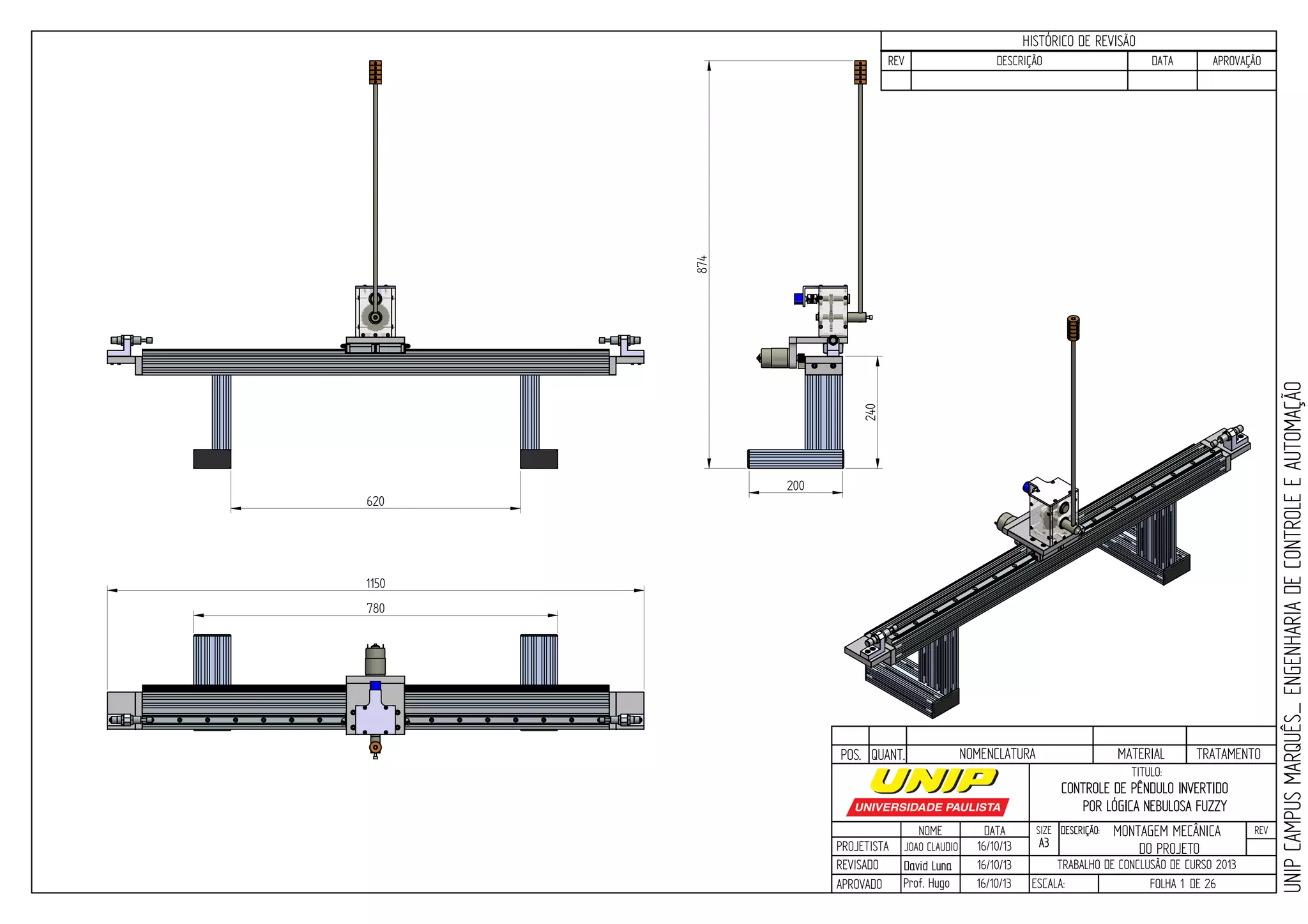 PROJETISTA
REVISADO
APROVADO
NOME
JOAO CLAUDIO
DATA
16/10/13
TITULO:
SIZE
A3
DESCRIÇÃO: REV
TRABALHO DE CONCLUSÃO DE CURSO 2013
ESCALA: FOLHA 1 DE 26
HISTÓRICO DE REVISÃO
REV DESCRIÇÃO DATA APROVAÇÃO
CONTROLE DE PÊNDULO INVERTIDO
POR LÓGICA NEBULOSA FUZZY
16/10/13
16/10/13
UNIPCAMPUSMARQUÊS_ENGENHARIADECONTROLEEAUTOMAÇÃO
David LunaDavid Luna
Prof. Hugo
POS. QUANT. TRATAMENTOMATERIALNOMENCLATURA
620
240
874
780
1150
200
MONTAGEM MECÂNICA
DO PROJETO
 