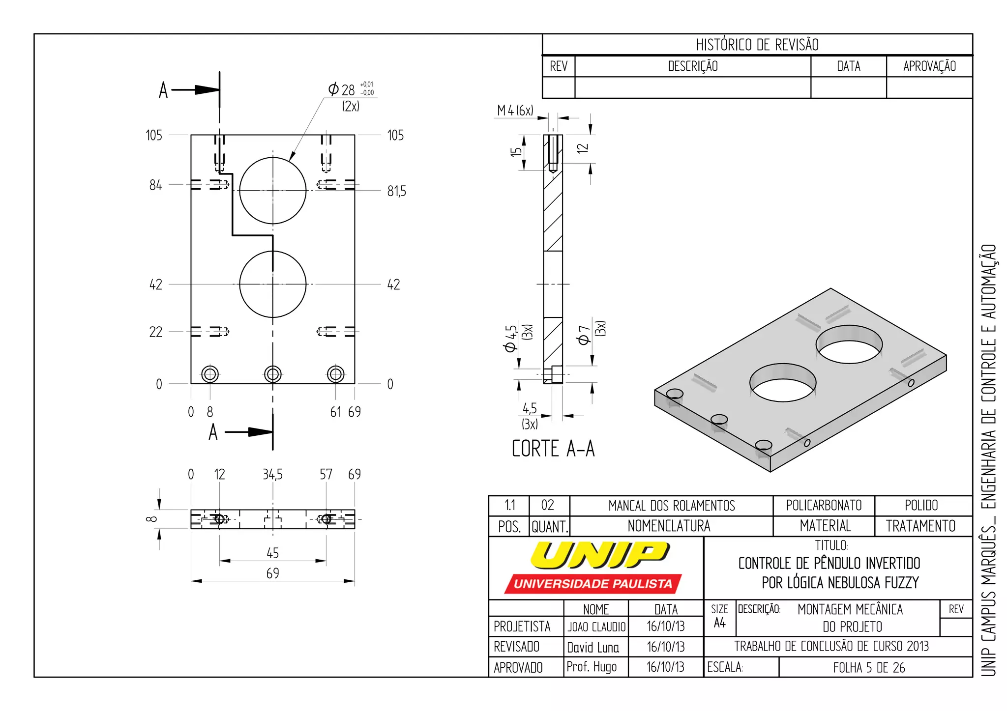 PROJETISTA
REVISADO
APROVADO
NOME
JOAO CLAUDIO
DATA
16/10/13
TITULO:
SIZE
A4
DESCRIÇÃO: REV
TRABALHO DE CONCLUSÃO DE CURSO 2013
ESCALA: FOLHA 5 DE 26
HISTÓRICO DE REVISÃO
REV DESCRIÇÃO DATA APROVAÇÃO
CONTROLE DE PÊNDULO INVERTIDO
POR LÓGICA NEBULOSA FUZZY
16/10/13
16/10/13
UNIPCAMPUSMARQUÊS_ENGENHARIADECONTROLEEAUTOMAÇÃO
David LunaDavid Luna
Prof. Hugo
POS. QUANT. TRATAMENTOMATERIALNOMENCLATURA
A
A
CORTE A-A
4M (6x)
45
0
42
81,5
105
0
O28 +0,01
-0,00
(2x)
4,5O
(3x)
4,5
(3x)
69
7O
(3x)
8
0 12 34,5 57 69
1.1 02 MANCAL DOS ROLAMENTOS POLICARBONATO POLIDO
12
15
0 8 61 69
22
84
42
105
MONTAGEM MECÂNICA
DO PROJETO
 
