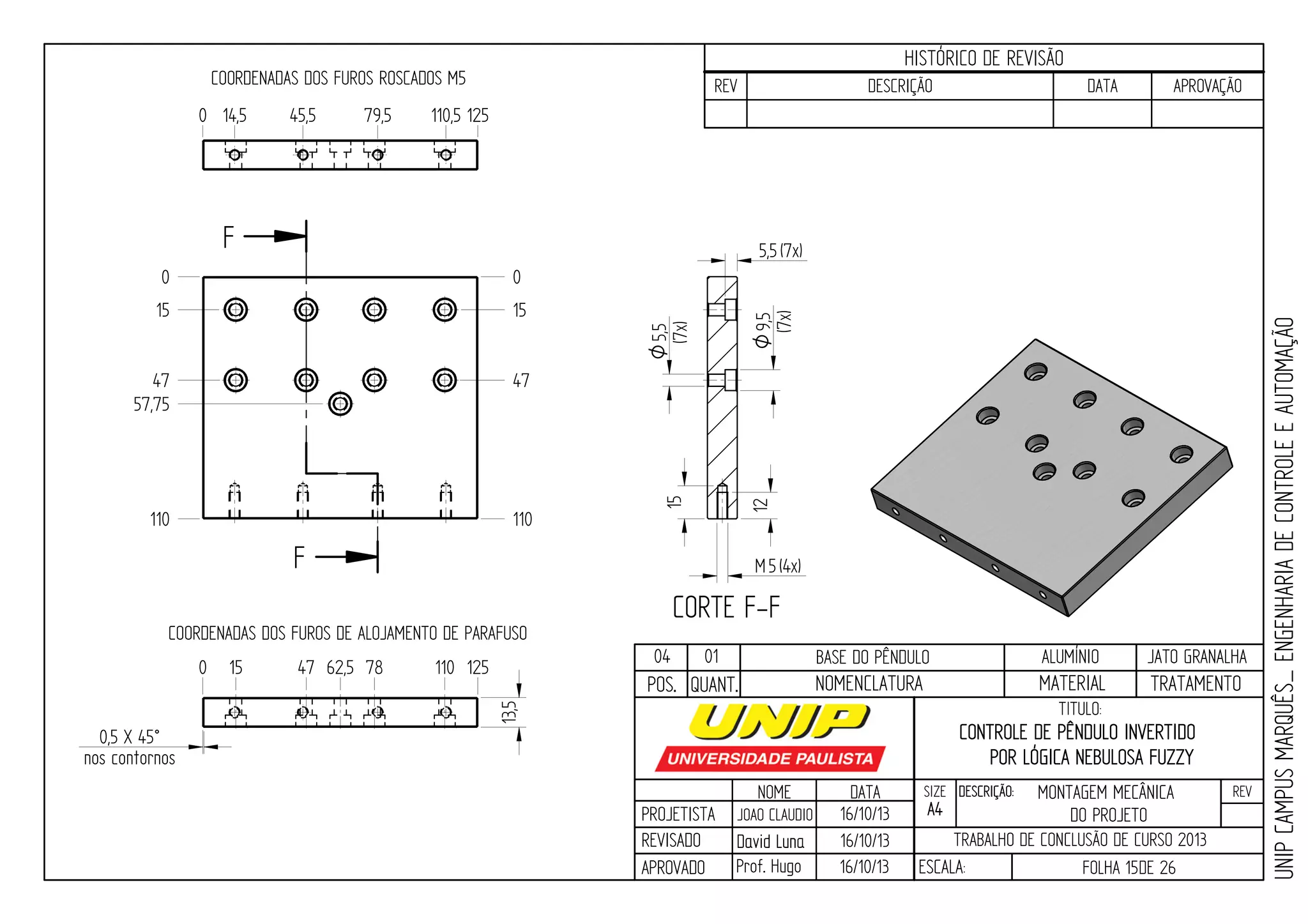 PROJETISTA
REVISADO
APROVADO
NOME
JOAO CLAUDIO
DATA
16/10/13
TITULO:
SIZE
A4
DESCRIÇÃO: REV
TRABALHO DE CONCLUSÃO DE CURSO 2013
ESCALA: FOLHA 15DE 26
HISTÓRICO DE REVISÃO
REV DESCRIÇÃO DATA APROVAÇÃO
CONTROLE DE PÊNDULO INVERTIDO
POR LÓGICA NEBULOSA FUZZY
16/10/13
16/10/13
UNIPCAMPUSMARQUÊS_ENGENHARIADECONTROLEEAUTOMAÇÃO
David LunaDavid Luna
Prof. Hugo
POS. QUANT. TRATAMENTOMATERIALNOMENCLATURA
04 01 BASE DO PÊNDULO ALUMÍNIO JATO GRANALHA
F
F
CORTE F-F
0 15 47 62,5 78 110 125
0
15
47
57,75
110
0
15
47
110
9,5O
(7x)
5,5O
(7x)
5,5(7x)
13,5
0,5 X 45°
nos contornos
0 14,5 45,5 79,5 110,5 125
COORDENADAS DOS FUROS ROSCADOS M5
COORDENADAS DOS FUROS DE ALOJAMENTO DE PARAFUSO
12
15
5M (4x)
MONTAGEM MECÂNICA
DO PROJETO
 