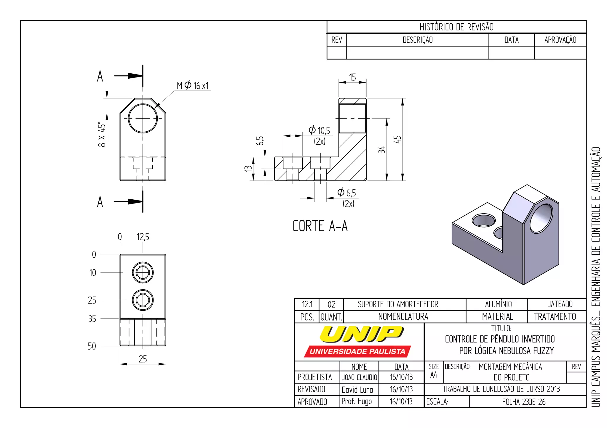PROJETISTA
REVISADO
APROVADO
NOME
JOAO CLAUDIO
DATA
16/10/13
TITULO:
SIZE
A4
DESCRIÇÃO: REV
TRABALHO DE CONCLUSÃO DE CURSO 2013
ESCALA: FOLHA 23DE 26
HISTÓRICO DE REVISÃO
REV DESCRIÇÃO DATA APROVAÇÃO
CONTROLE DE PÊNDULO INVERTIDO
POR LÓGICA NEBULOSA FUZZY
16/10/13
16/10/13
UNIPCAMPUSMARQUÊS_ENGENHARIADECONTROLEEAUTOMAÇÃO
David LunaDavid Luna
Prof. Hugo
POS. QUANT. TRATAMENTOMATERIALNOMENCLATURA
A
A
CORTE A-A
45
34
15
O16M x1
8X45°
0
10
25
50
35
25
6,5
13
10,5O
(2x)
6,5O
(2x)
12.1 02 SUPORTE DO AMORTECEDOR ALUMÍNIO JATEADO
0 12,5
MONTAGEM MECÂNICA
DO PROJETO
 