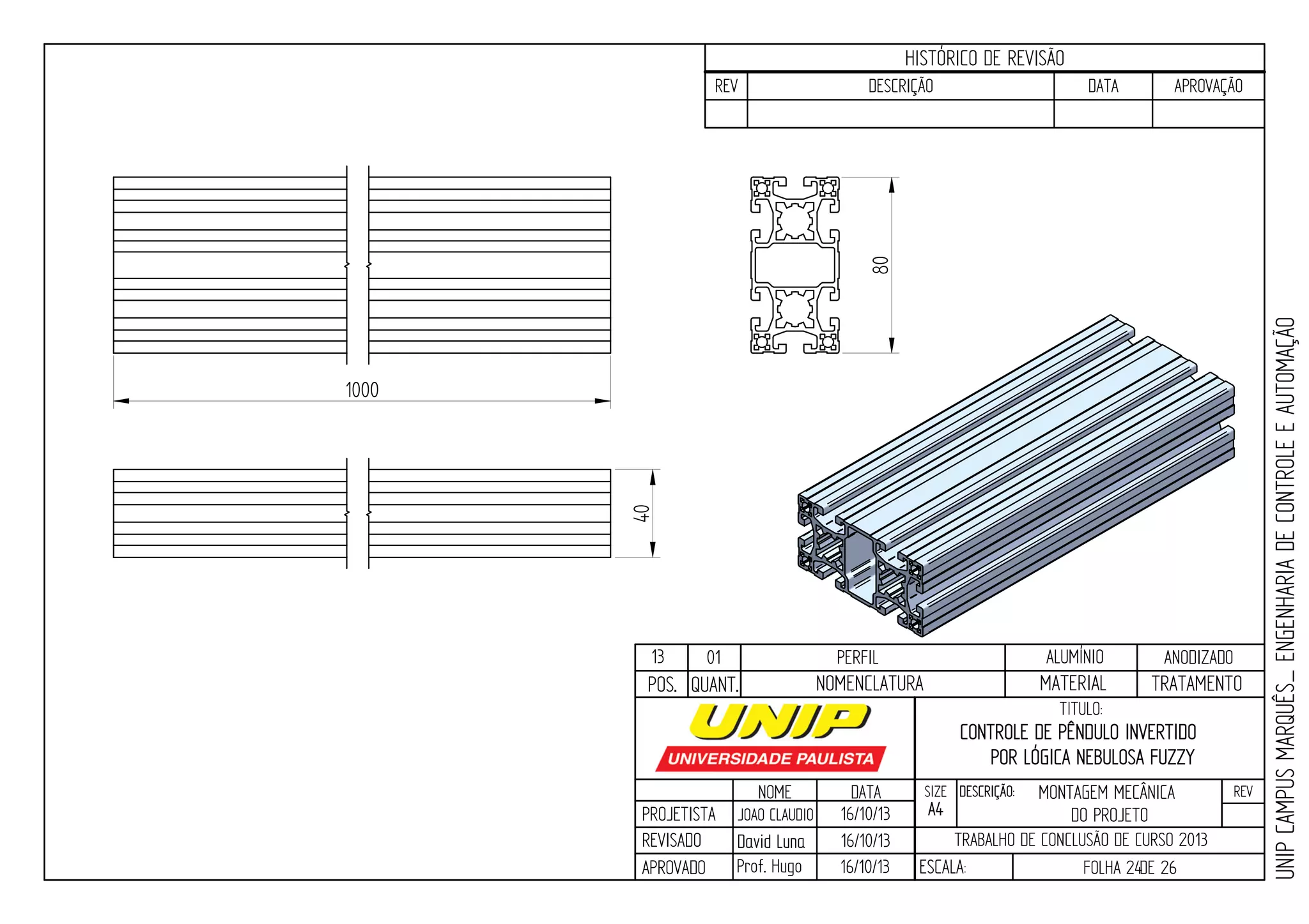 PROJETISTA
REVISADO
APROVADO
NOME
JOAO CLAUDIO
DATA
16/10/13
TITULO:
SIZE
A4
DESCRIÇÃO: REV
TRABALHO DE CONCLUSÃO DE CURSO 2013
ESCALA: FOLHA 24DE 26
HISTÓRICO DE REVISÃO
REV DESCRIÇÃO DATA APROVAÇÃO
CONTROLE DE PÊNDULO INVERTIDO
POR LÓGICA NEBULOSA FUZZY
16/10/13
16/10/13
UNIPCAMPUSMARQUÊS_ENGENHARIADECONTROLEEAUTOMAÇÃO
David LunaDavid Luna
Prof. Hugo
POS. QUANT. TRATAMENTOMATERIALNOMENCLATURA
MONTAGEM MECÂNICA
DO PROJETO
13 01 PERFIL ALUMÍNIO ANODIZADO
1000
80
40
 
