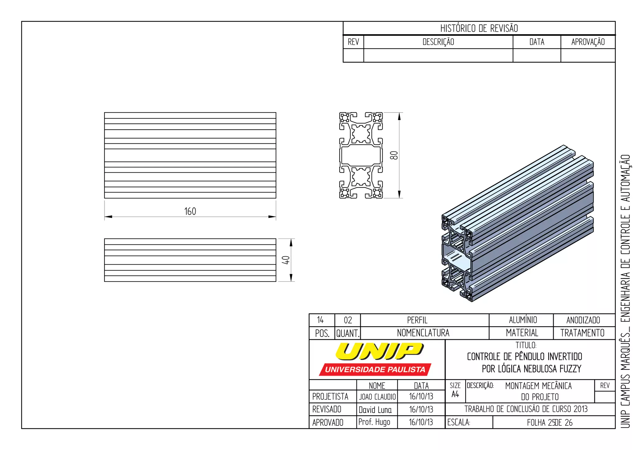 PROJETISTA
REVISADO
APROVADO
NOME
JOAO CLAUDIO
DATA
16/10/13
TITULO:
SIZE
A4
DESCRIÇÃO: REV
TRABALHO DE CONCLUSÃO DE CURSO 2013
ESCALA: FOLHA 25DE 26
HISTÓRICO DE REVISÃO
REV DESCRIÇÃO DATA APROVAÇÃO
CONTROLE DE PÊNDULO INVERTIDO
POR LÓGICA NEBULOSA FUZZY
16/10/13
16/10/13
UNIPCAMPUSMARQUÊS_ENGENHARIADECONTROLEEAUTOMAÇÃO
David LunaDavid Luna
Prof. Hugo
POS. QUANT. TRATAMENTOMATERIALNOMENCLATURA
MONTAGEM MECÂNICA
DO PROJETO
14 02 PERFIL ALUMÍNIO ANODIZADO
80
160
40
 