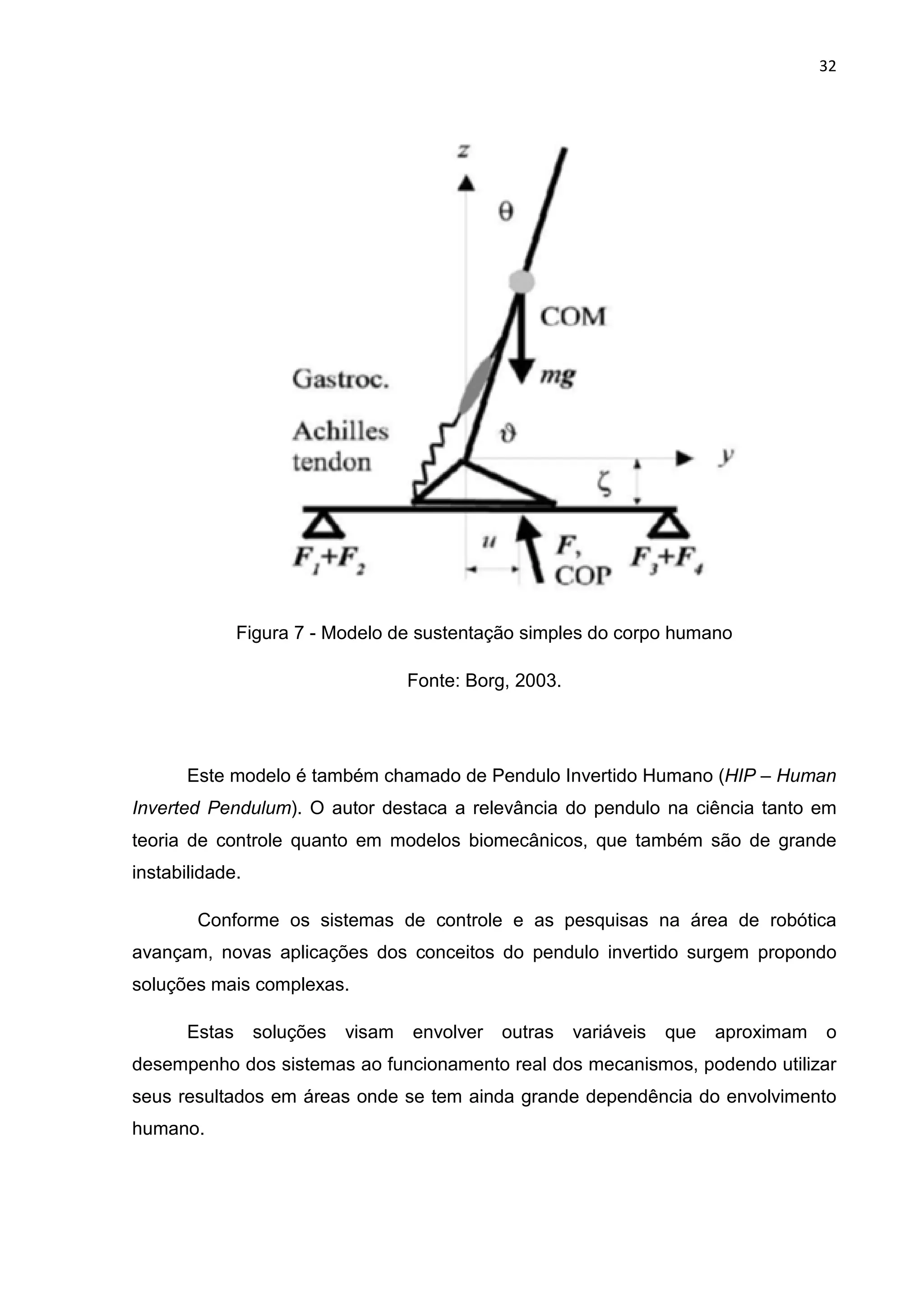 32
Figura 7 - Modelo de sustentação simples do corpo humano
Fonte: Borg, 2003.
Este modelo é também chamado de Pendulo Invertido Humano (HIP – Human
Inverted Pendulum). O autor destaca a relevância do pendulo na ciência tanto em
teoria de controle quanto em modelos biomecânicos, que também são de grande
instabilidade.
Conforme os sistemas de controle e as pesquisas na área de robótica
avançam, novas aplicações dos conceitos do pendulo invertido surgem propondo
soluções mais complexas.
Estas soluções visam envolver outras variáveis que aproximam o
desempenho dos sistemas ao funcionamento real dos mecanismos, podendo utilizar
seus resultados em áreas onde se tem ainda grande dependência do envolvimento
humano.
 