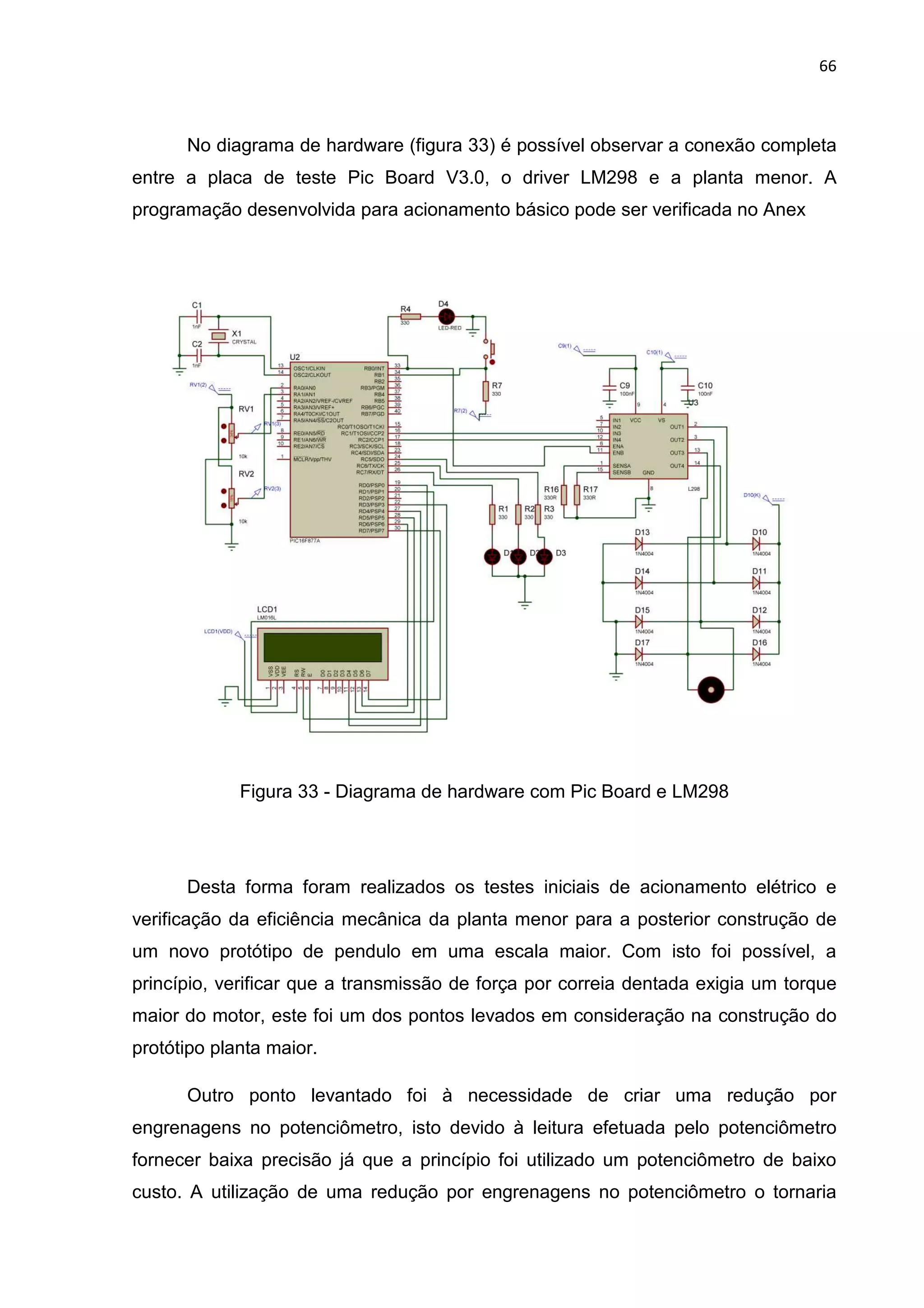 No diagrama de hardware (figura 33) é possível observar a conexão completa
entre a placa de teste Pic Board V3.0, o driver LM298
programação desenvolvida para acionamento bási
Figura 33 -
Desta forma foram realizados os testes iniciais de acionamento elétrico e
verificação da eficiência mecânica da planta menor para a posterior construção de
um novo protótipo de pendulo em uma escala maior. Com isto foi possível, a
princípio, verificar que a transmissão de força por correia dentada exigia um torque
maior do motor, este foi um dos pontos levados em consideração na construção do
protótipo planta maior.
Outro ponto levantado foi à necessidade de criar uma redução por
engrenagens no potenciômet
fornecer baixa precisão já que a princípio foi utilizado um potenciômetro de baixo
custo. A utilização de uma redução por engrenagens no potenciômetro o tornaria
No diagrama de hardware (figura 33) é possível observar a conexão completa
entre a placa de teste Pic Board V3.0, o driver LM298 e a planta menor. A
programação desenvolvida para acionamento básico pode ser verificada no Anex
Diagrama de hardware com Pic Board e LM298
Desta forma foram realizados os testes iniciais de acionamento elétrico e
verificação da eficiência mecânica da planta menor para a posterior construção de
um novo protótipo de pendulo em uma escala maior. Com isto foi possível, a
a transmissão de força por correia dentada exigia um torque
maior do motor, este foi um dos pontos levados em consideração na construção do
Outro ponto levantado foi à necessidade de criar uma redução por
engrenagens no potenciômetro, isto devido à leitura efetuada pelo potenciômetro
fornecer baixa precisão já que a princípio foi utilizado um potenciômetro de baixo
custo. A utilização de uma redução por engrenagens no potenciômetro o tornaria
66
No diagrama de hardware (figura 33) é possível observar a conexão completa
e a planta menor. A
co pode ser verificada no Anex
Diagrama de hardware com Pic Board e LM298
Desta forma foram realizados os testes iniciais de acionamento elétrico e
verificação da eficiência mecânica da planta menor para a posterior construção de
um novo protótipo de pendulo em uma escala maior. Com isto foi possível, a
a transmissão de força por correia dentada exigia um torque
maior do motor, este foi um dos pontos levados em consideração na construção do
Outro ponto levantado foi à necessidade de criar uma redução por
ro, isto devido à leitura efetuada pelo potenciômetro
fornecer baixa precisão já que a princípio foi utilizado um potenciômetro de baixo
custo. A utilização de uma redução por engrenagens no potenciômetro o tornaria
 