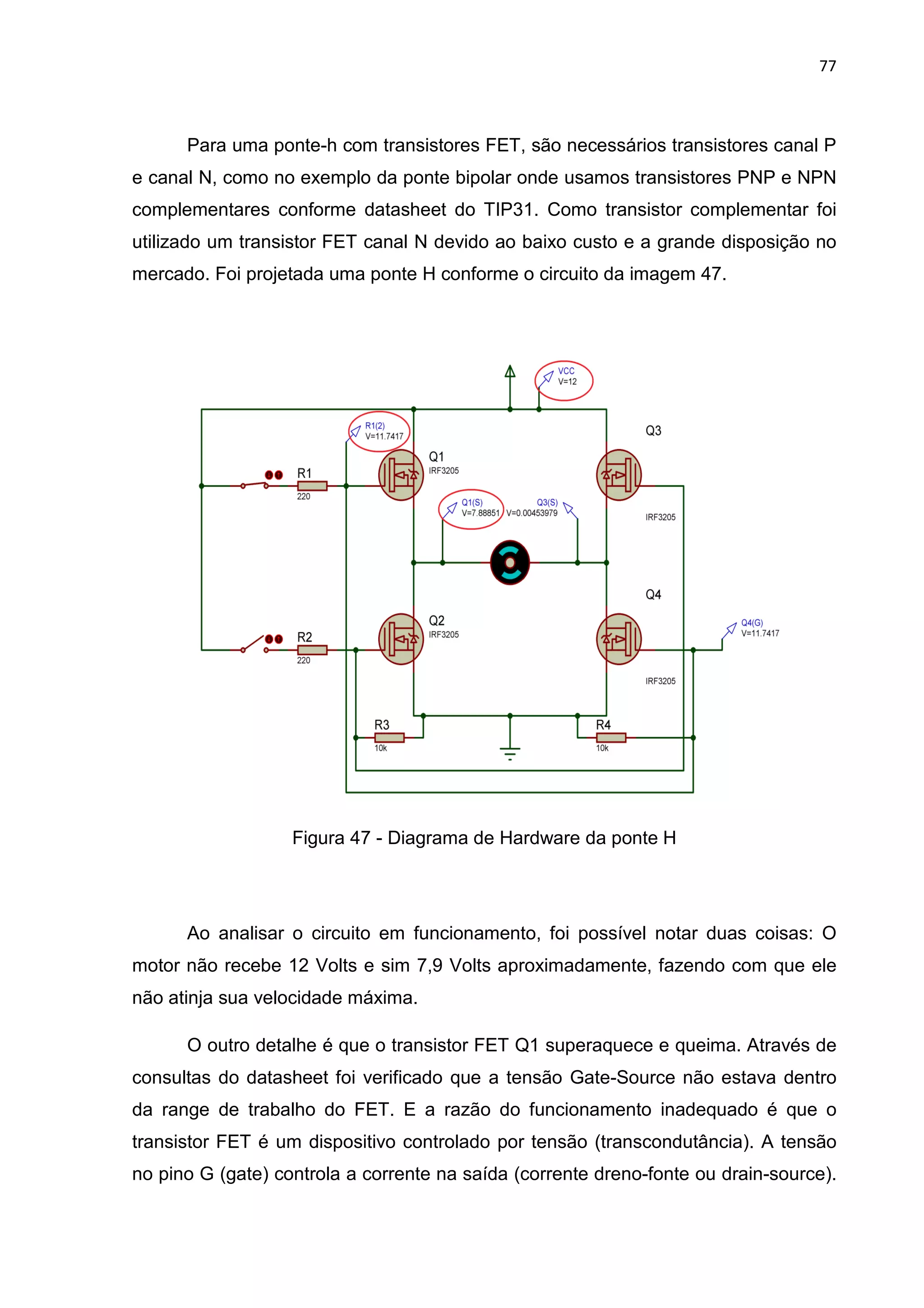 77
Para uma ponte-h com transistores FET, são necessários transistores canal P
e canal N, como no exemplo da ponte bipolar onde usamos transistores PNP e NPN
complementares conforme datasheet do TIP31. Como transistor complementar foi
utilizado um transistor FET canal N devido ao baixo custo e a grande disposição no
mercado. Foi projetada uma ponte H conforme o circuito da imagem 47.
Figura 47 - Diagrama de Hardware da ponte H
Ao analisar o circuito em funcionamento, foi possível notar duas coisas: O
motor não recebe 12 Volts e sim 7,9 Volts aproximadamente, fazendo com que ele
não atinja sua velocidade máxima.
O outro detalhe é que o transistor FET Q1 superaquece e queima. Através de
consultas do datasheet foi verificado que a tensão Gate-Source não estava dentro
da range de trabalho do FET. E a razão do funcionamento inadequado é que o
transistor FET é um dispositivo controlado por tensão (transcondutância). A tensão
no pino G (gate) controla a corrente na saída (corrente dreno-fonte ou drain-source).
 