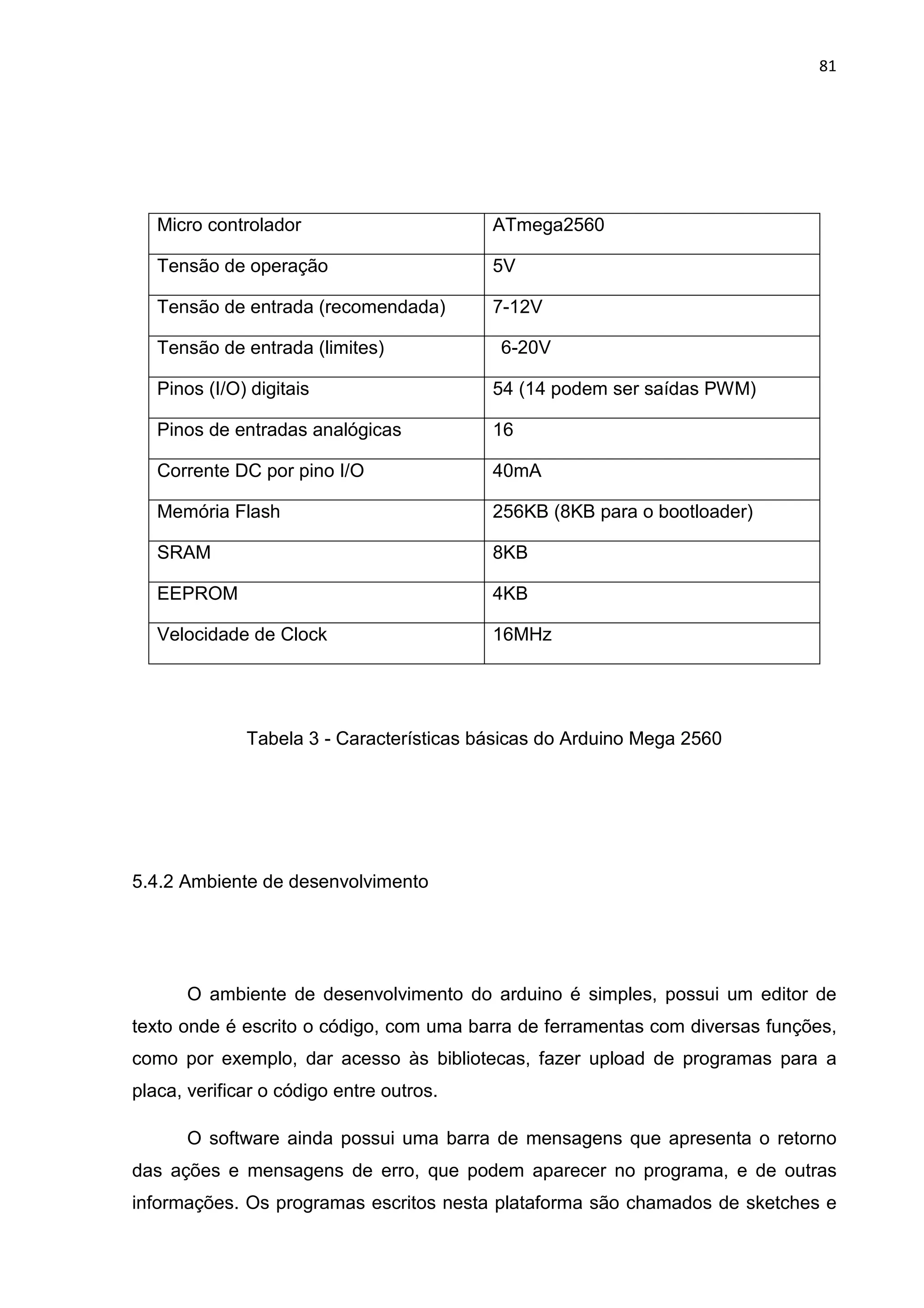 81
Tabela 3 - Características básicas do Arduino Mega 2560
5.4.2 Ambiente de desenvolvimento
O ambiente de desenvolvimento do arduino é simples, possui um editor de
texto onde é escrito o código, com uma barra de ferramentas com diversas funções,
como por exemplo, dar acesso às bibliotecas, fazer upload de programas para a
placa, verificar o código entre outros.
O software ainda possui uma barra de mensagens que apresenta o retorno
das ações e mensagens de erro, que podem aparecer no programa, e de outras
informações. Os programas escritos nesta plataforma são chamados de sketches e
Micro controlador ATmega2560
Tensão de operação 5V
Tensão de entrada (recomendada) 7-12V
Tensão de entrada (limites) 6-20V
Pinos (I/O) digitais 54 (14 podem ser saídas PWM)
Pinos de entradas analógicas 16
Corrente DC por pino I/O 40mA
Memória Flash 256KB (8KB para o bootloader)
SRAM 8KB
EEPROM 4KB
Velocidade de Clock 16MHz
 