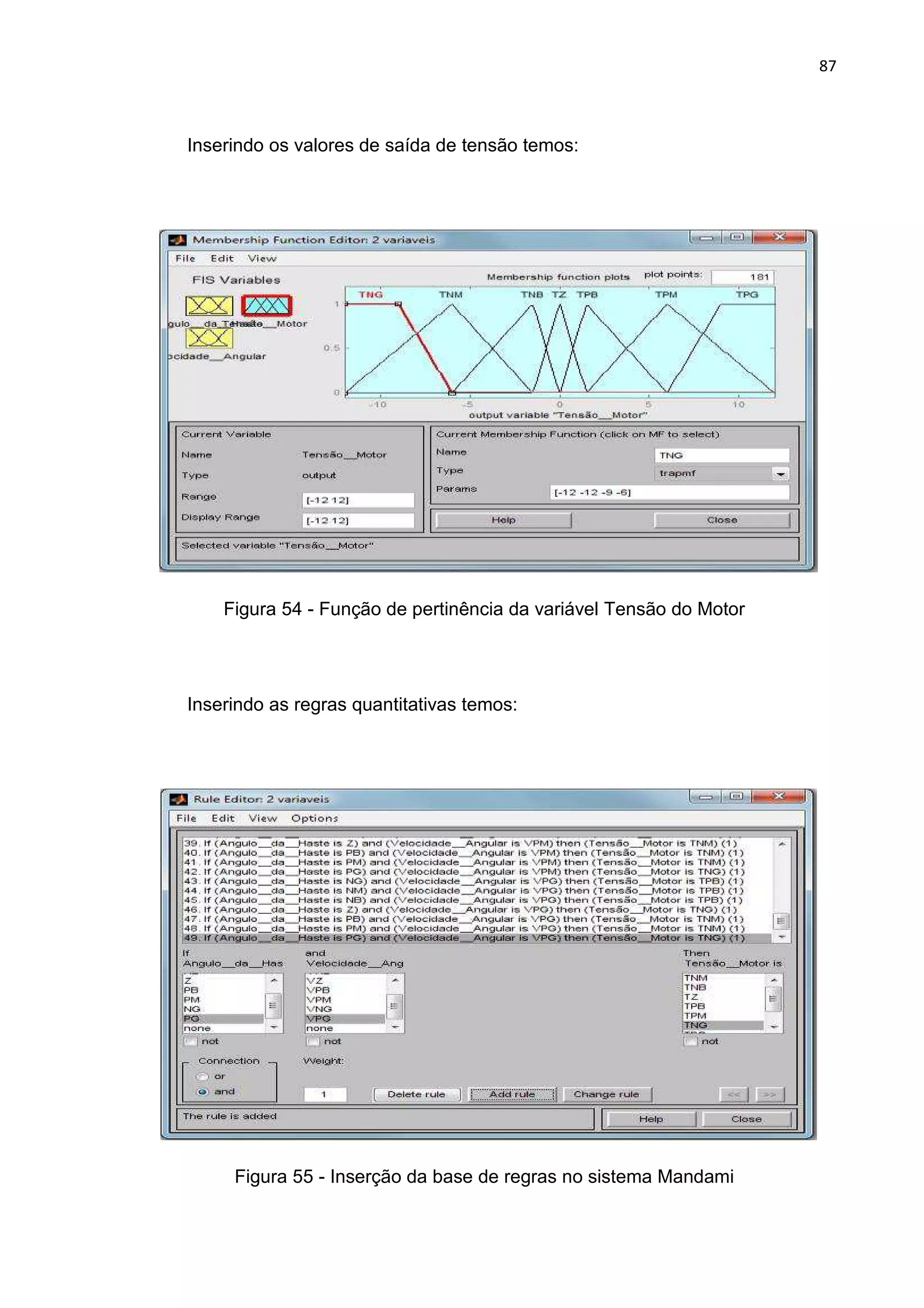 87
Inserindo os valores de saída de tensão temos:
Figura 54 - Função de pertinência da variável Tensão do Motor
Inserindo as regras quantitativas temos:
Figura 55 - Inserção da base de regras no sistema Mandami
 
