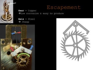 EscapementGear = CopperLow corrosion & easy to produceAxis = Steel Cheep
