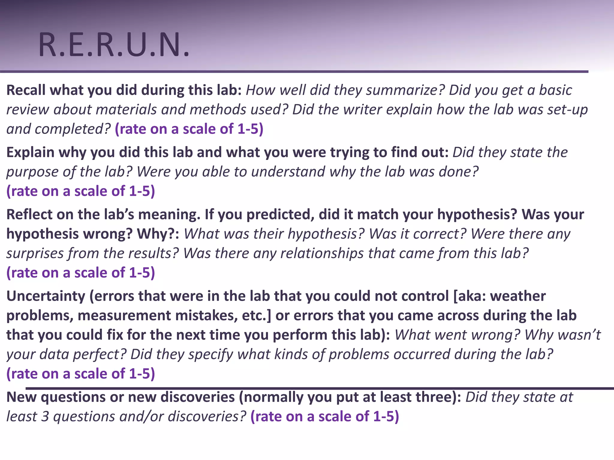 R.E.R.U.N. 
Recall what you did during this lab: How well did they summarize? Did you get a basic 
review about materials and methods used? Did the writer explain how the lab was set-up 
and completed? (rate on a scale of 1-5) 
Explain why you did this lab and what you were trying to find out: Did they state the 
purpose of the lab? Were you able to understand why the lab was done? 
(rate on a scale of 1-5) 
Reflect on the lab’s meaning. If you predicted, did it match your hypothesis? Was your 
hypothesis wrong? Why?: What was their hypothesis? Was it correct? Were there any 
surprises from the results? Was there any relationships that came from this lab? 
(rate on a scale of 1-5) 
Uncertainty (errors that were in the lab that you could not control [aka: weather 
problems, measurement mistakes, etc.] or errors that you came across during the lab 
that you could fix for the next time you perform this lab): What went wrong? Why wasn’t 
your data perfect? Did they specify what kinds of problems occurred during the lab? 
(rate on a scale of 1-5) 
New questions or new discoveries (normally you put at least three): Did they state at 
least 3 questions and/or discoveries? (rate on a scale of 1-5) 
 